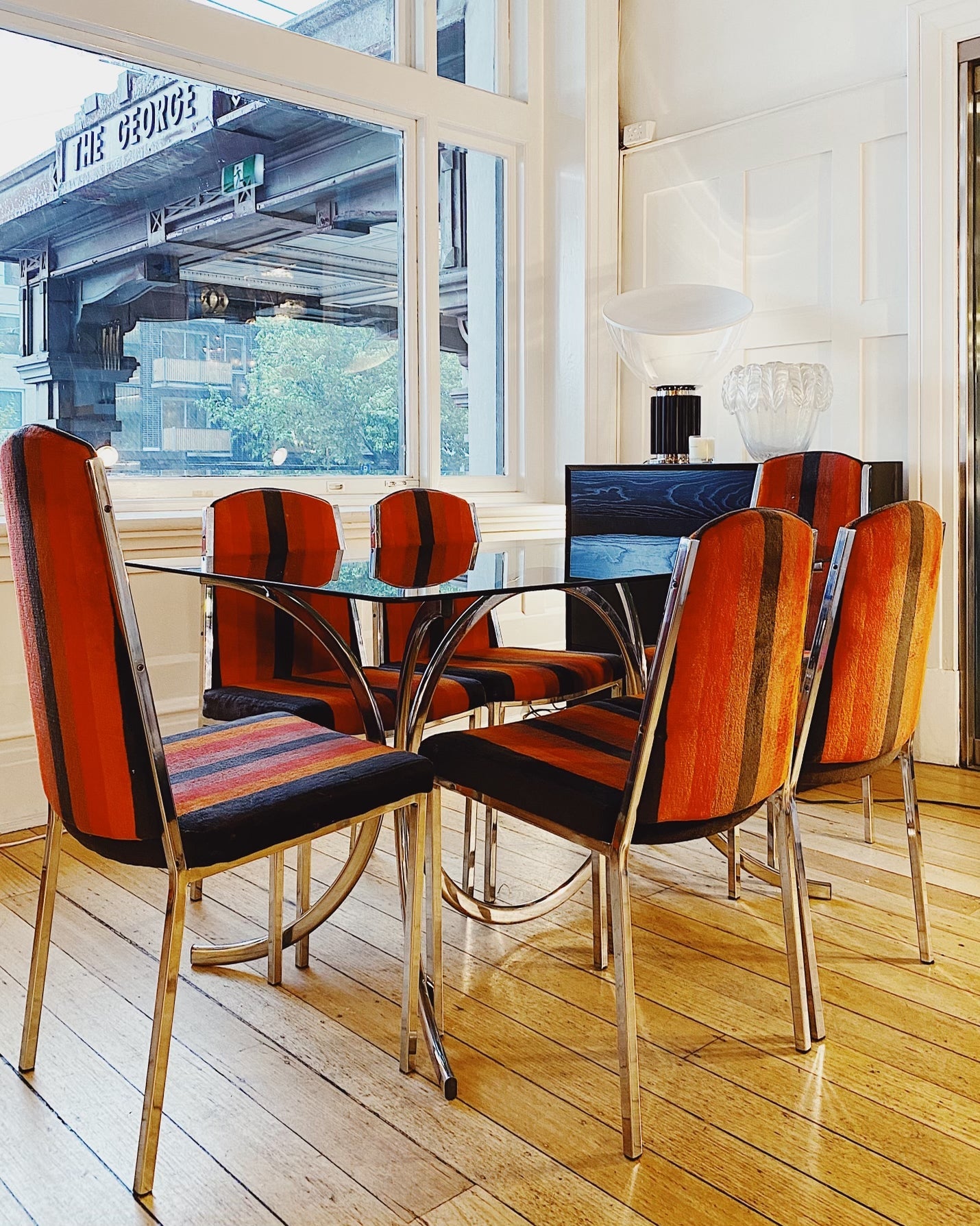 RICHMAN / 1970s Chrome Cherry + Burnt Orange Striped Dining Chairs