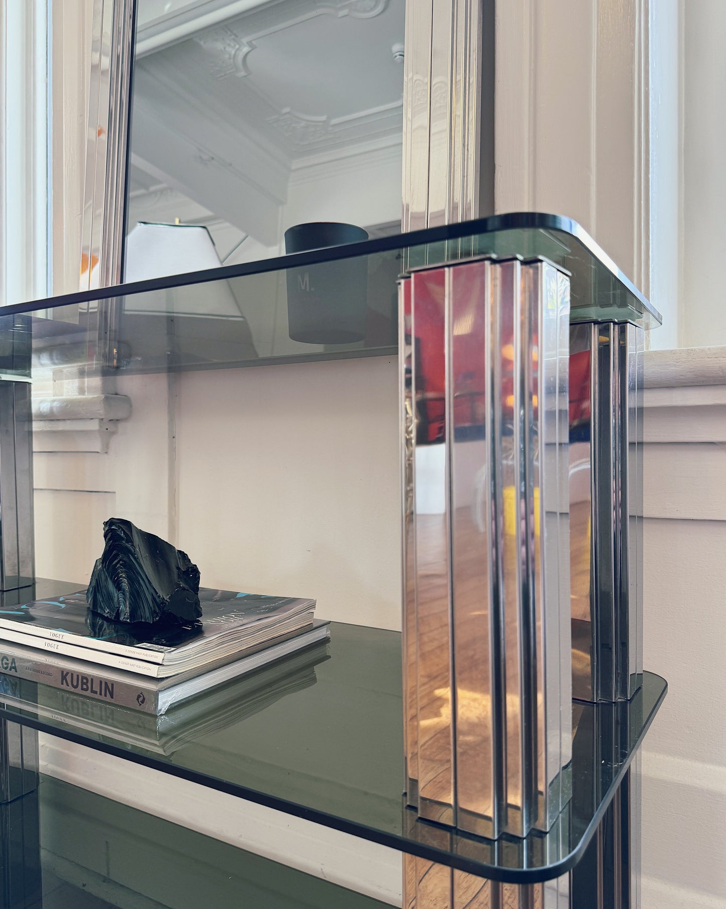 VINTAGE / Chrome & Green Smoky Glass Console w/Mirror Set