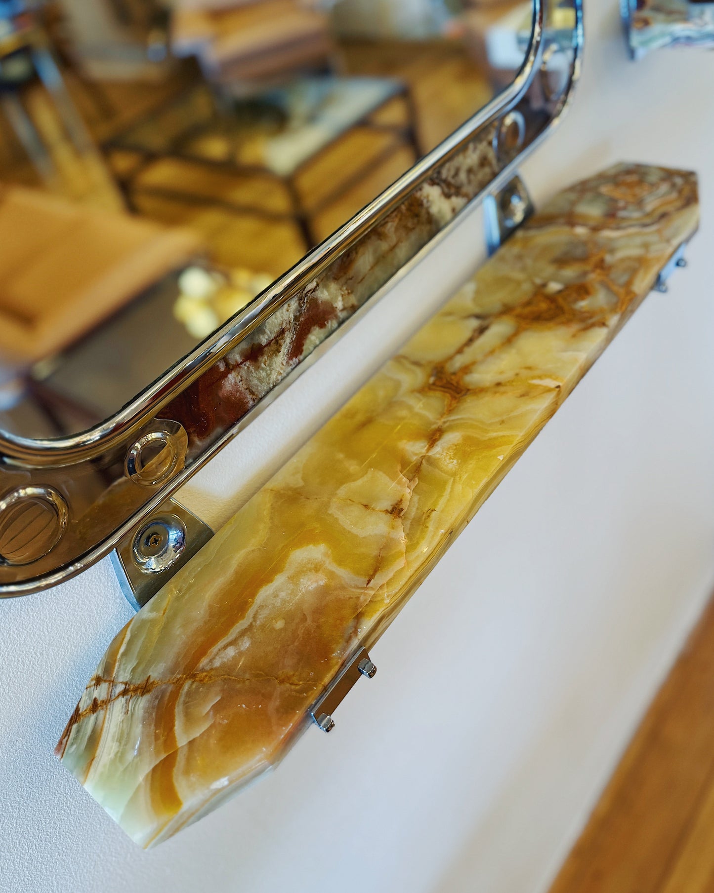 VINTAGE / Ornate Spanish Onyx Chrome Bathroom Shelf