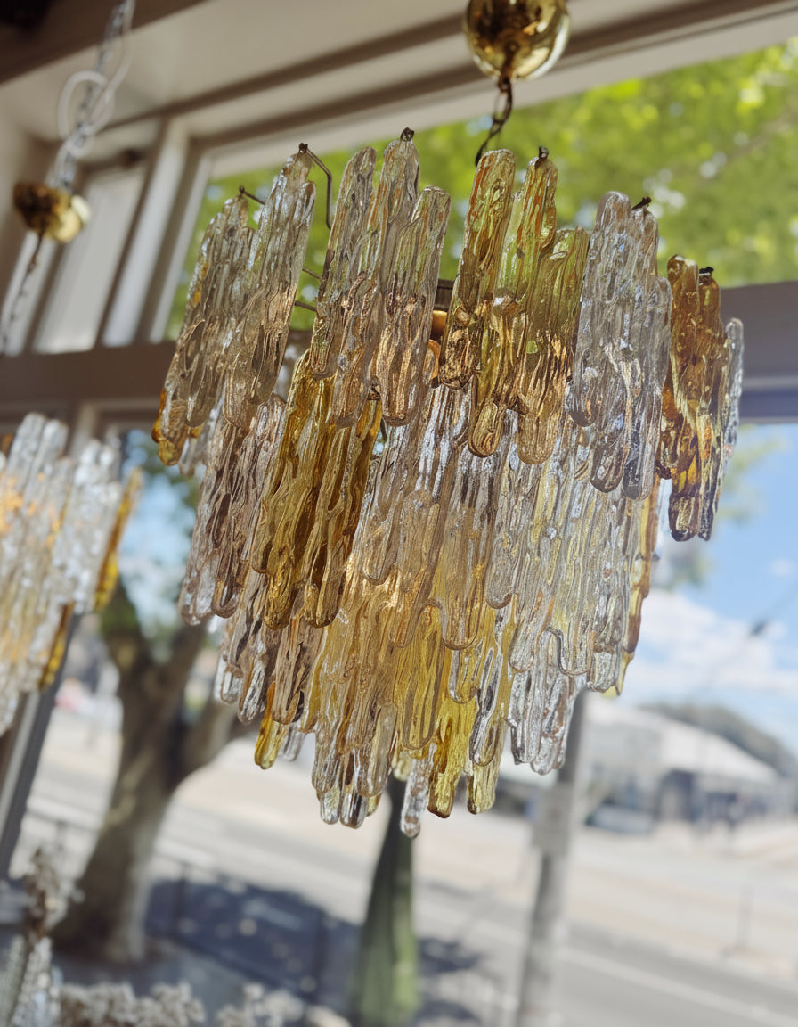 JT KALMAR / 1960s Amber & Clear Icicle Prism Chandelier