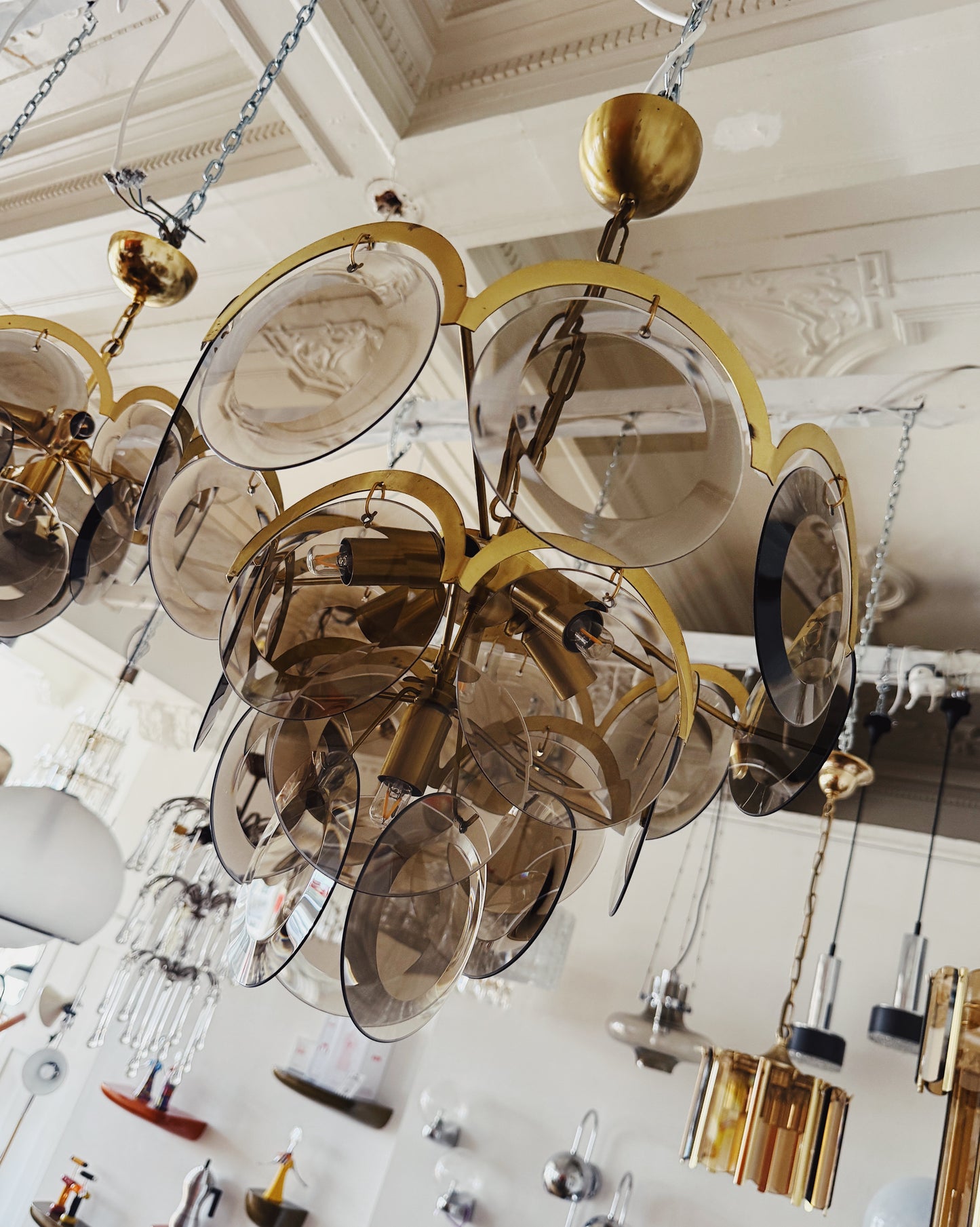 1970s / 4 Tier Smoky Glass Disc & Brass Chandelier