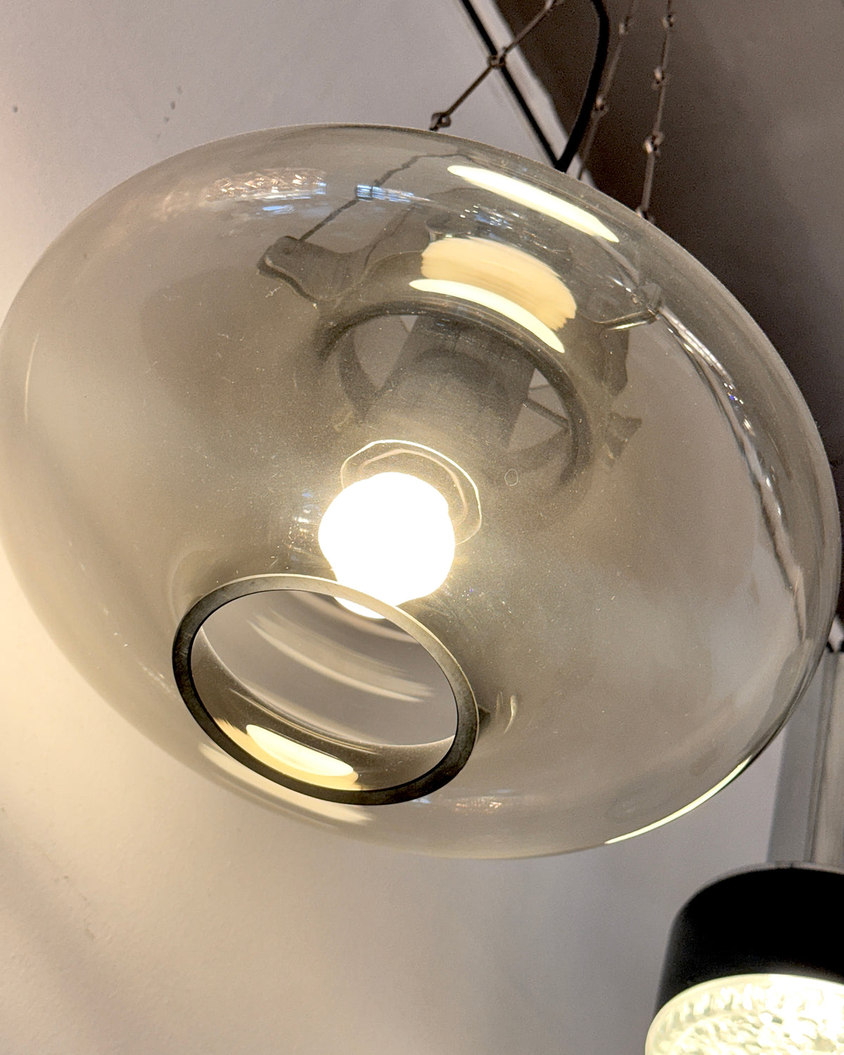 VINTAGE / 1970s Smokey Glass & Chrome Pendant Light