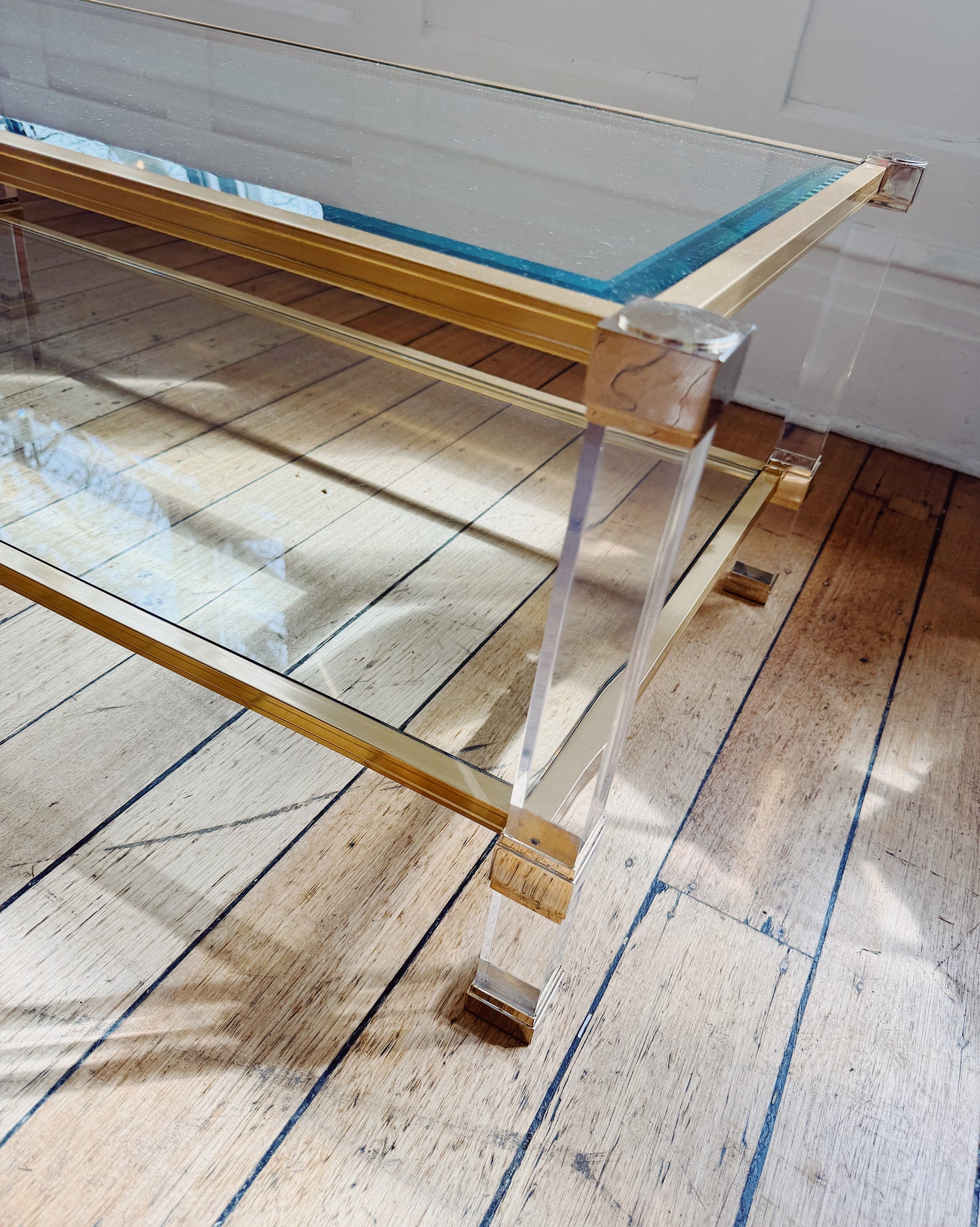 PIERRE VANDEL PARIS / Lucite + Brass Two Tier Coffee Table