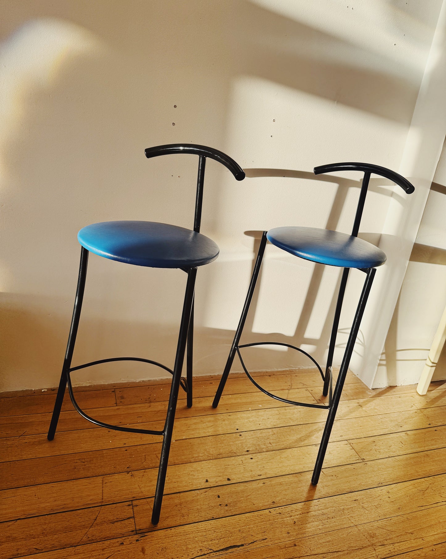 POST MODERN / Pair of Tubular Black Stools with Blue Vinyl Seats