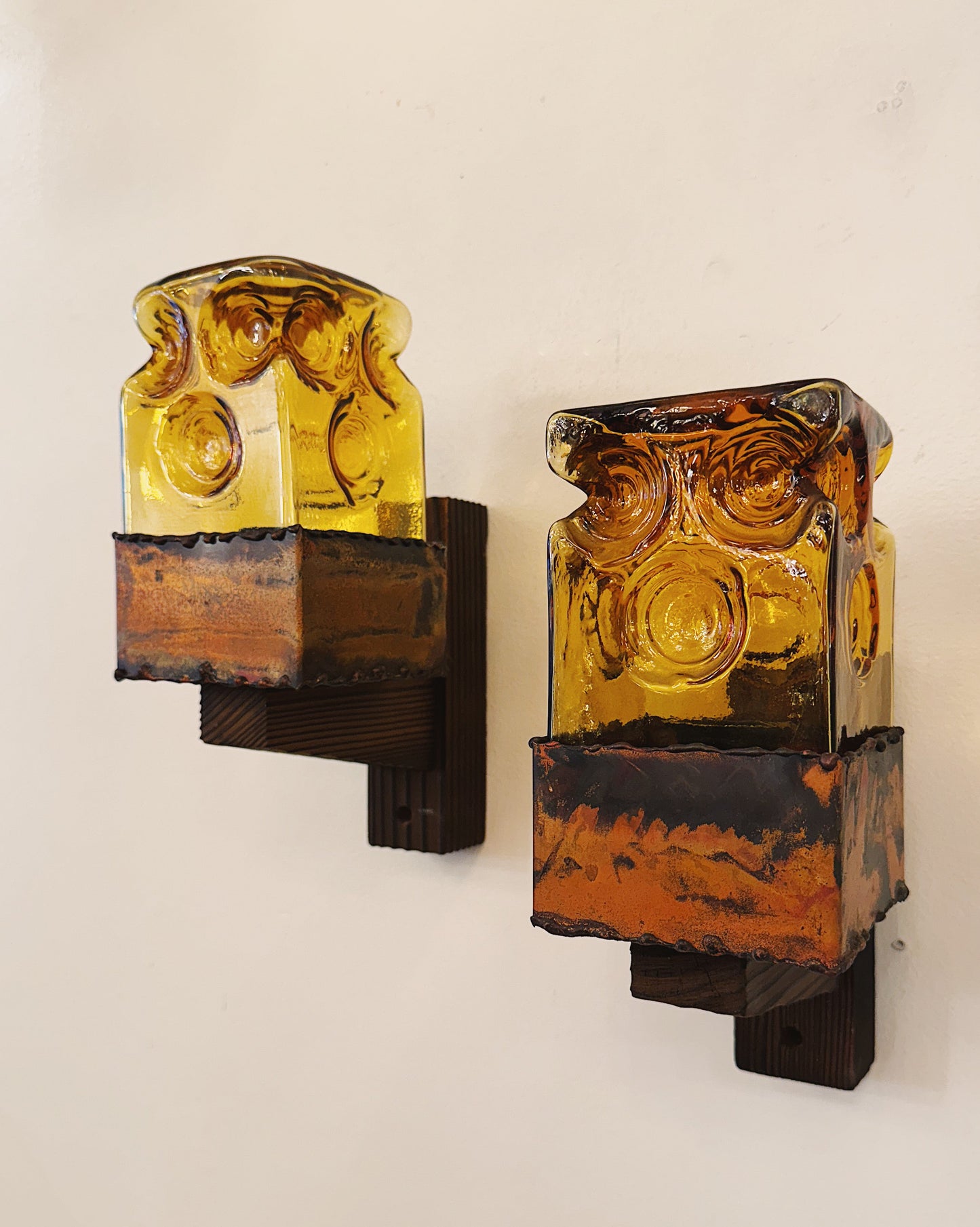 BRUTALIST / Amber Glass with Wood & Metal Base Wall Light