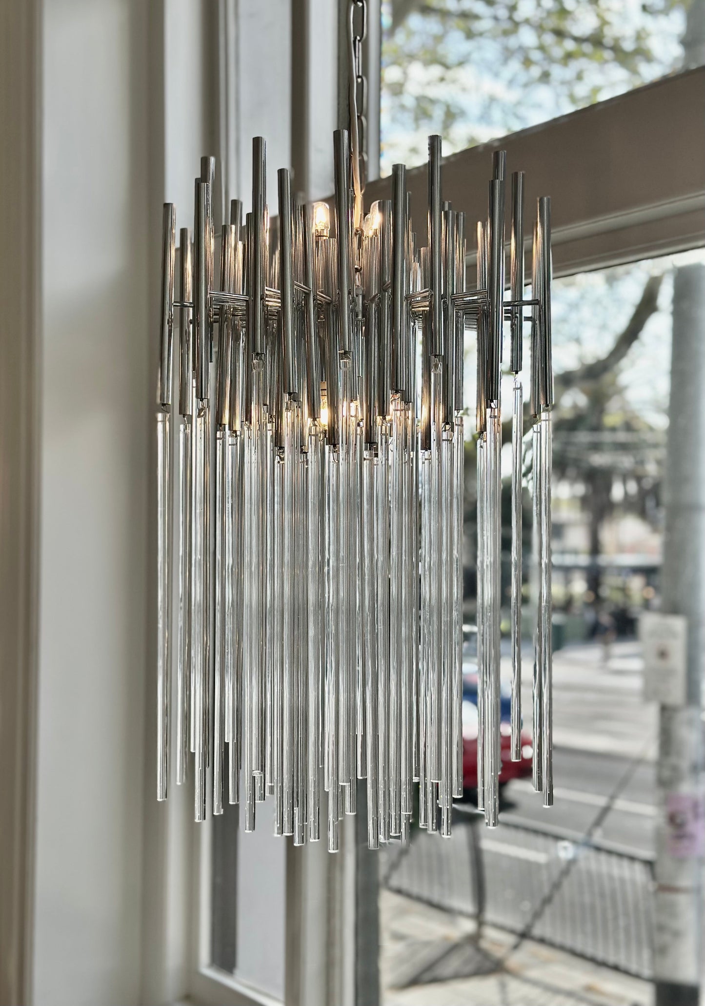 GAETANO SCIOLARI / Chrome + Glass Cascade Chandelier