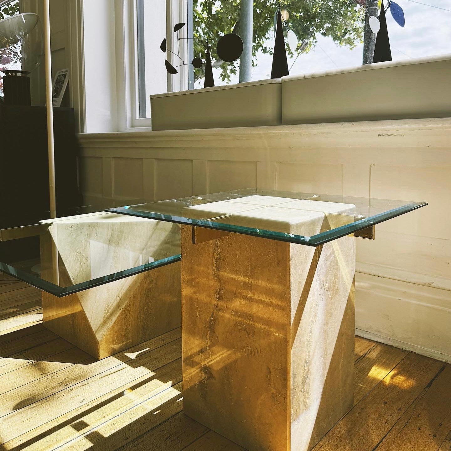 VINTAGE / Artedi Style Post Modern Travertine + Brass Coffee and Side ...