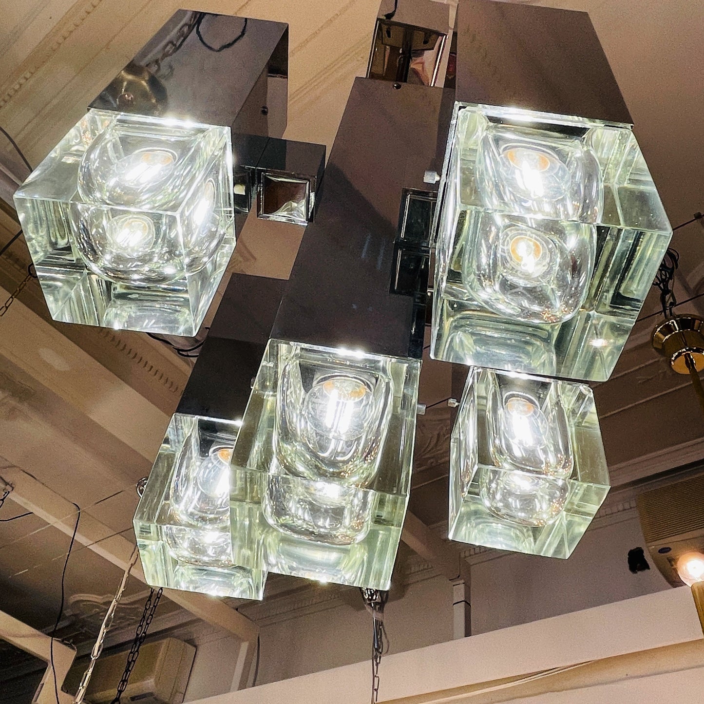 GAETANO SCIOLARI / 1970's Italian Cubic 5 Column Chrome Pendants