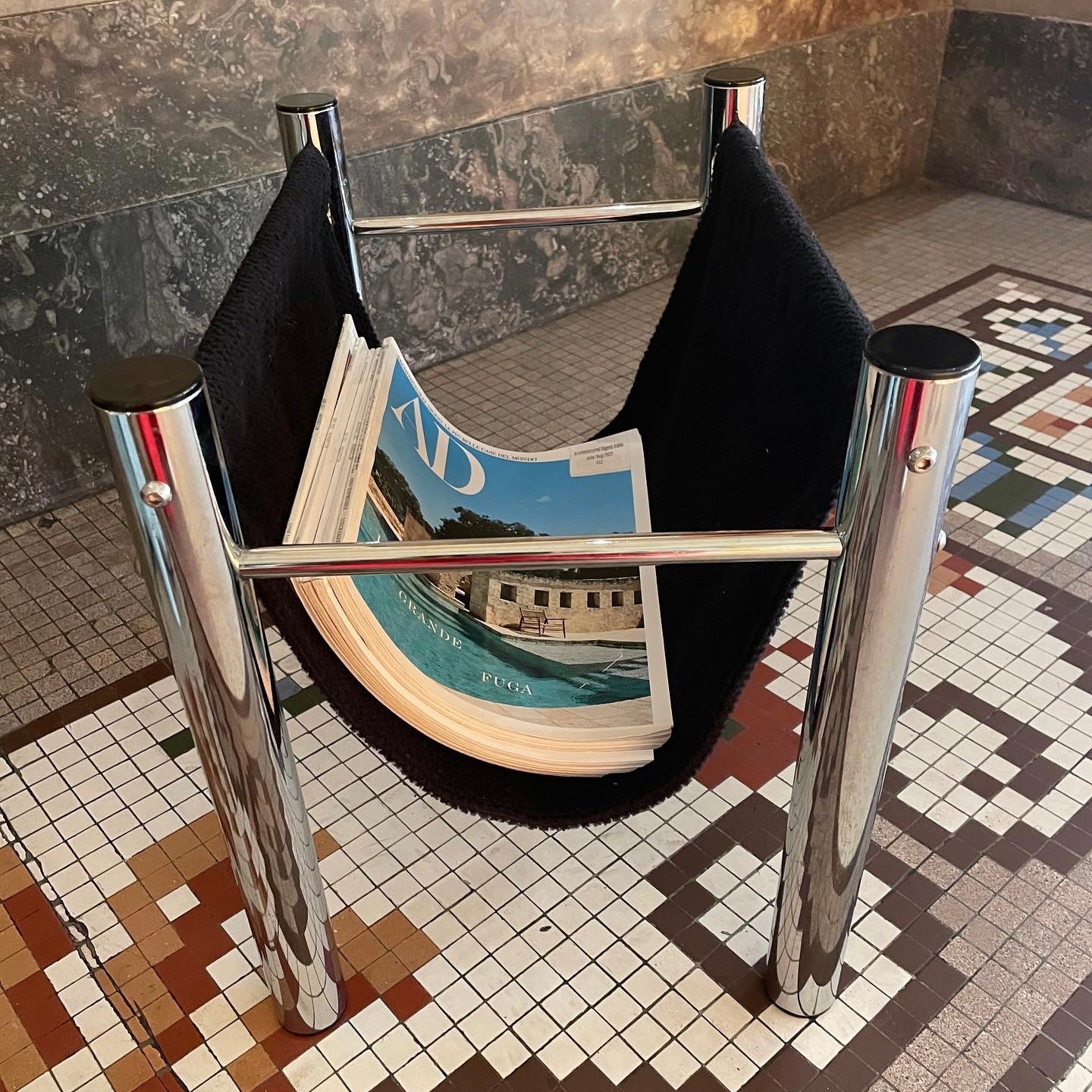 VINTAGE / Baughman Style Sling Magazine Rack in Chrome