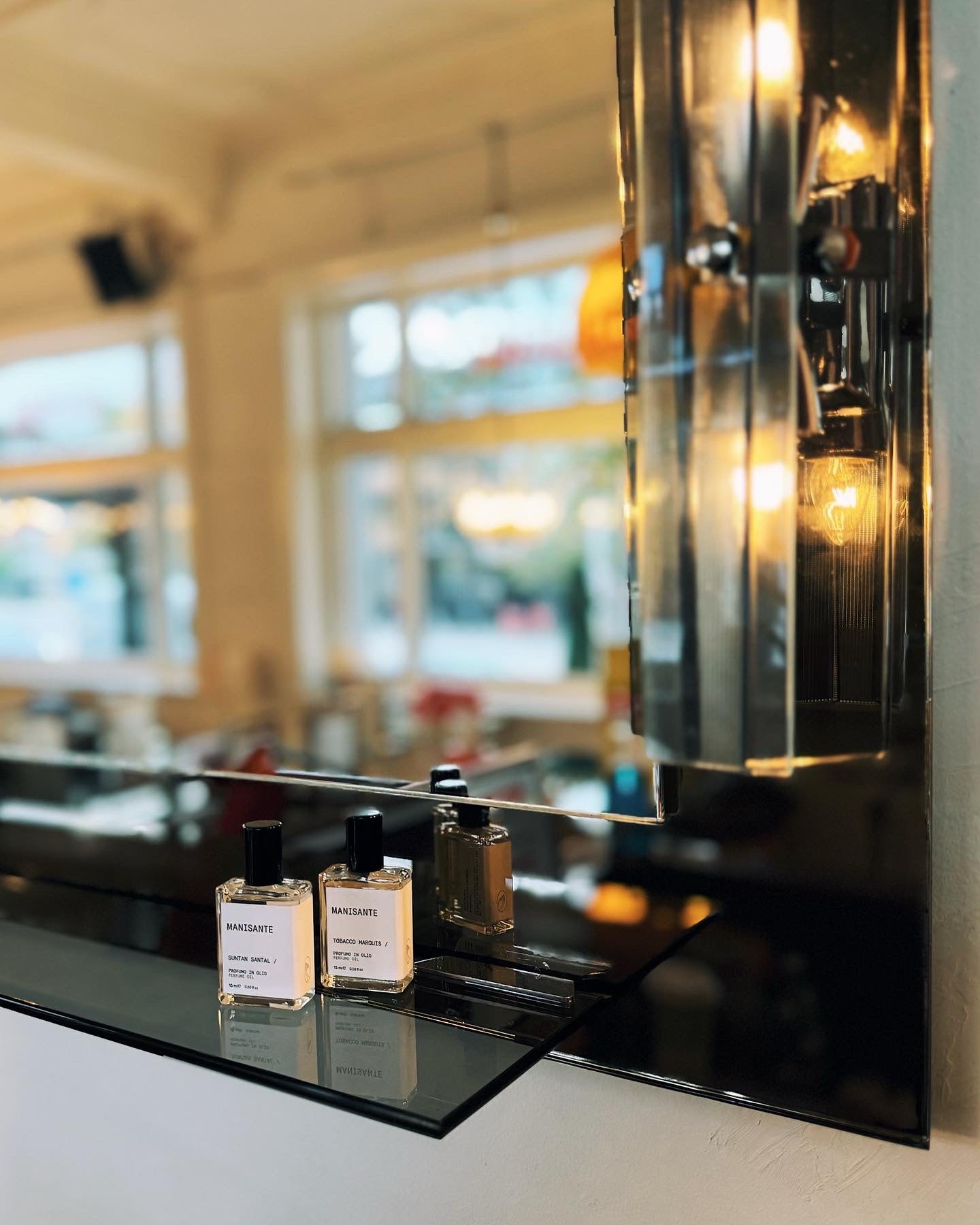 FONTANA ARTE / 1970s Gun Metal + Chrome Mirror w/ Smoke Glass Sconces