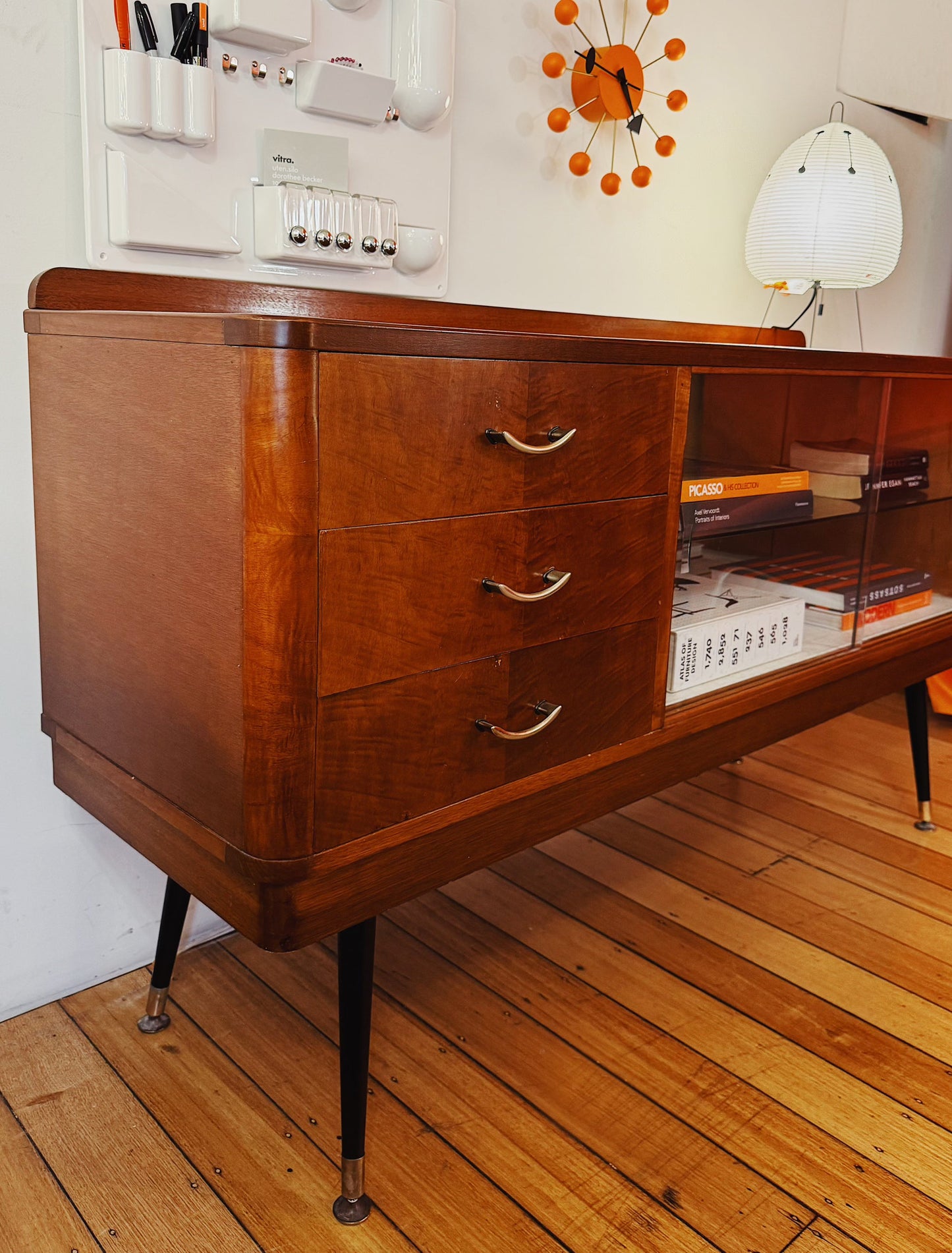 VINTAGE / 1960s Mid Century Wood + Glass Sideboard + Drawers