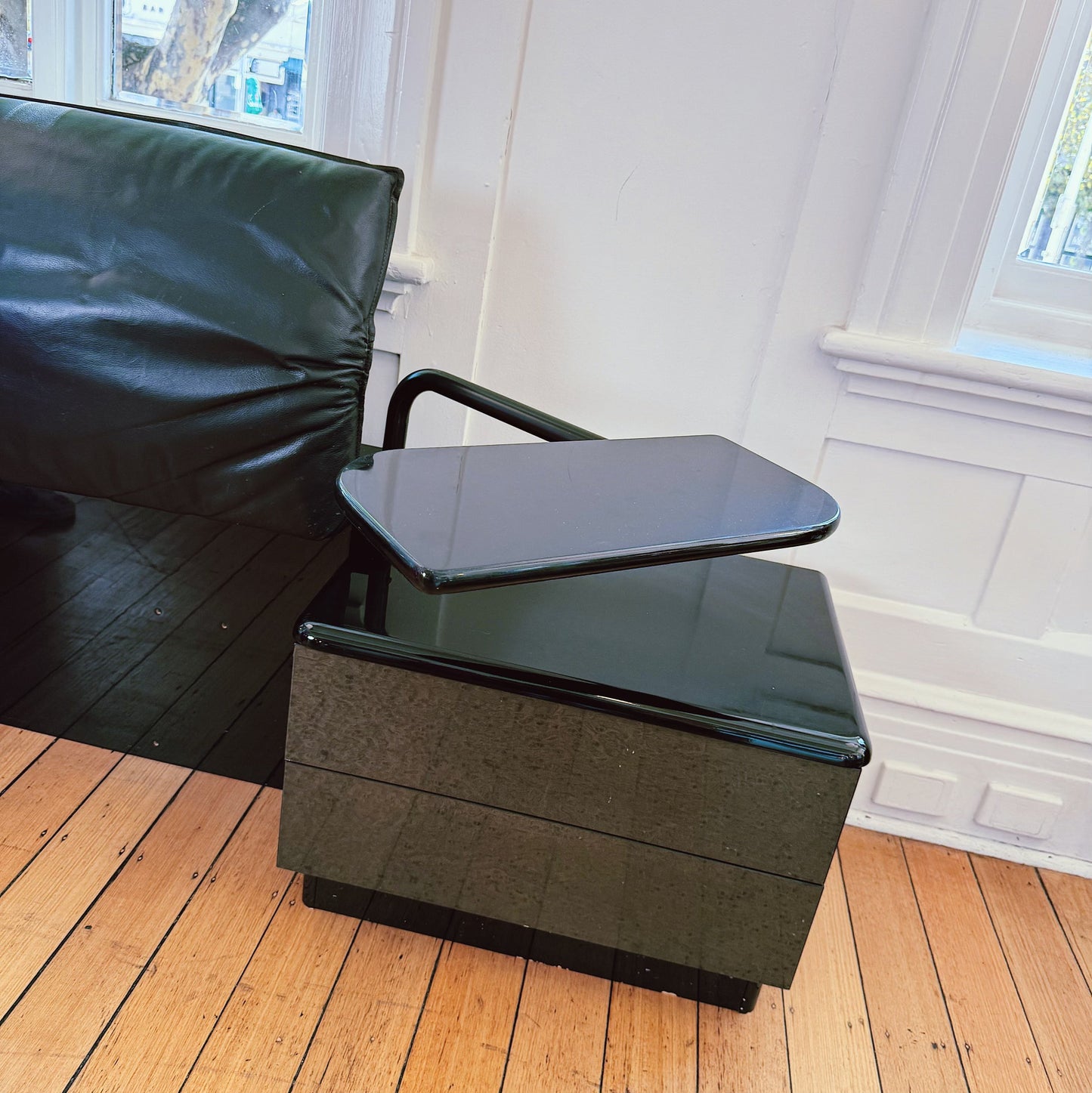 POST MODERN / Alanda Style Leather Bedhead w/Attached Nightstands + Bedside Tables