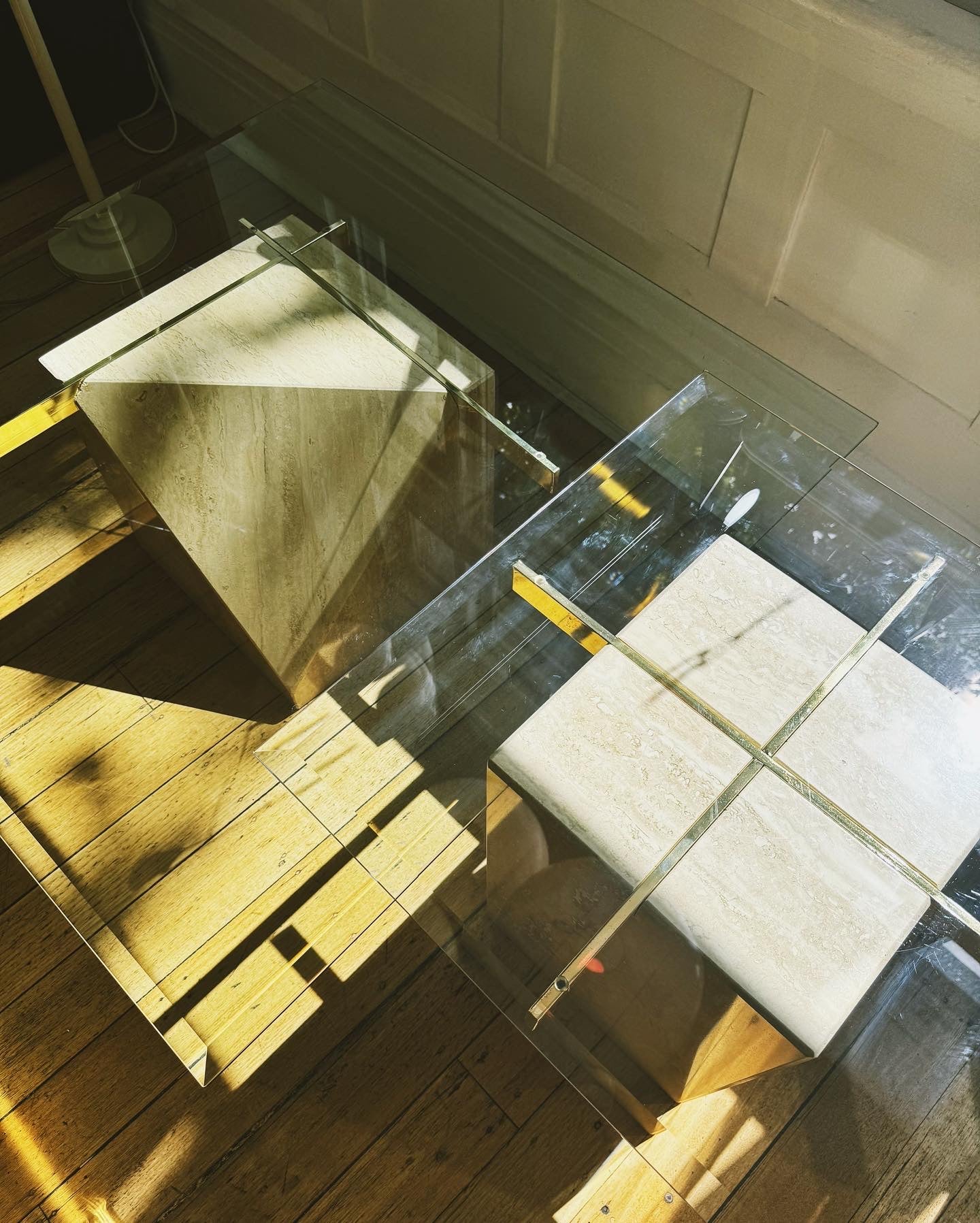 VINTAGE / Artedi Style Post Modern Travertine + Brass Coffee and Side Tables