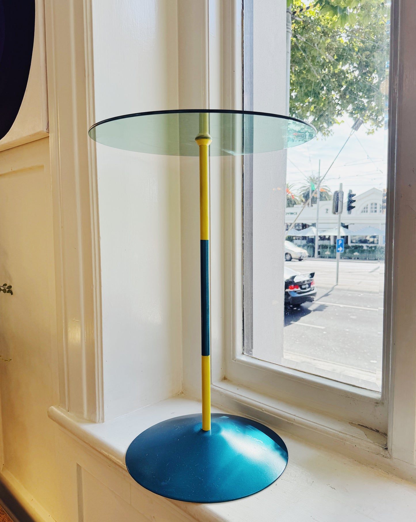 VINTAGE / Side Table w/Blue glass top