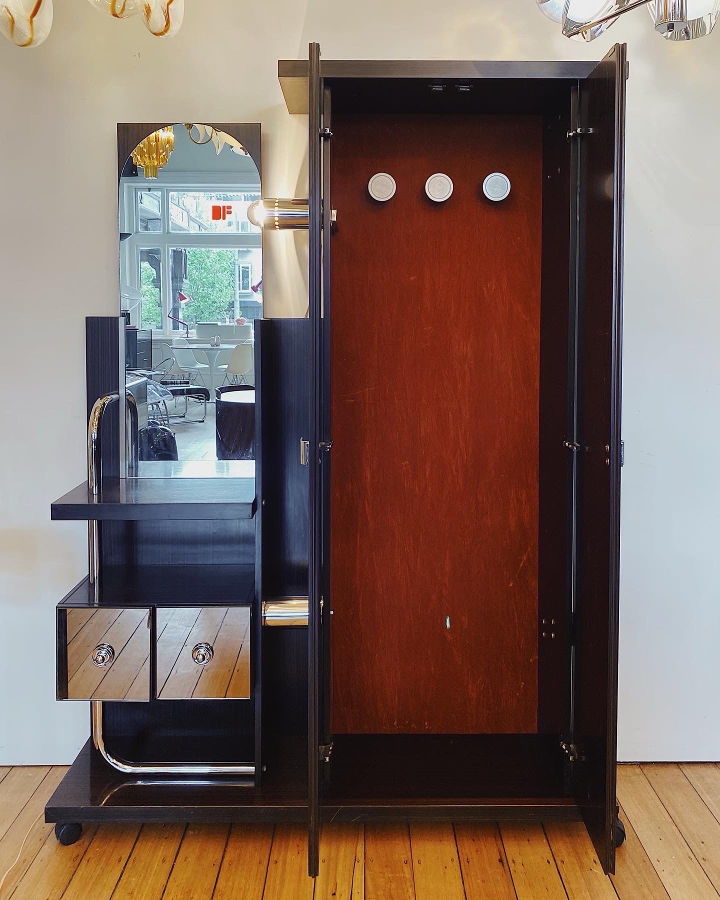 VINTAGE / Chocolate & Chrome Illuminated Foyer Station with Mirror + Coat Rack