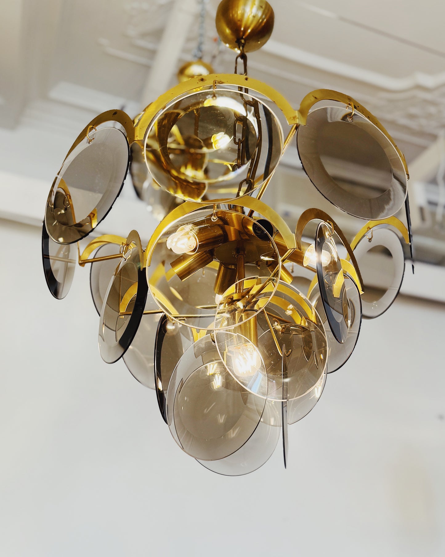 1970s / 4 Tier Smoky Glass Disc & Brass Chandelier
