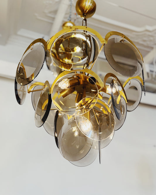 1970s / 4 Tier Smoky Glass Disc & Brass Chandelier