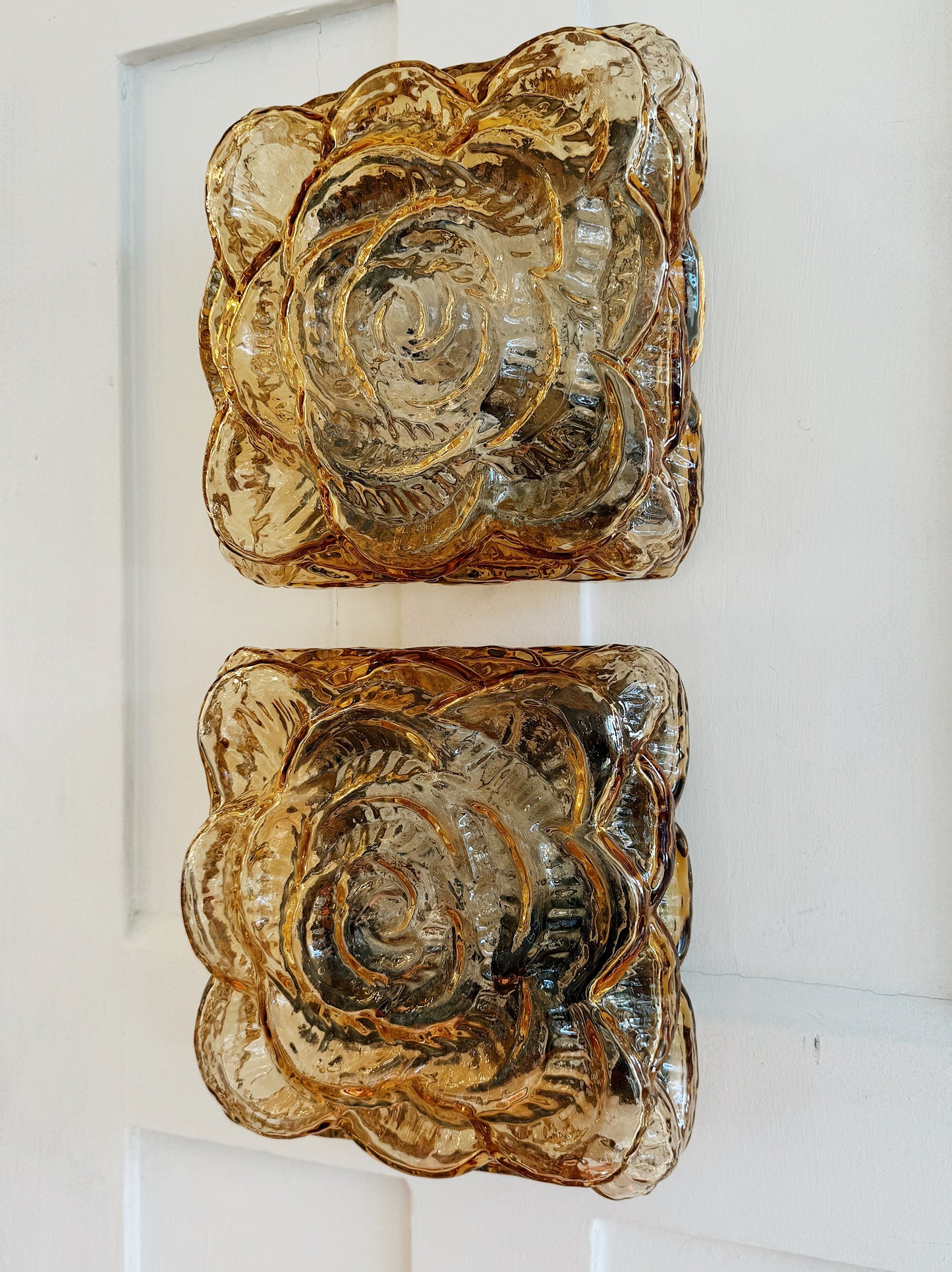 ERCO / Vintage Floral Flush/Wall Mount Lights - Amber Glass