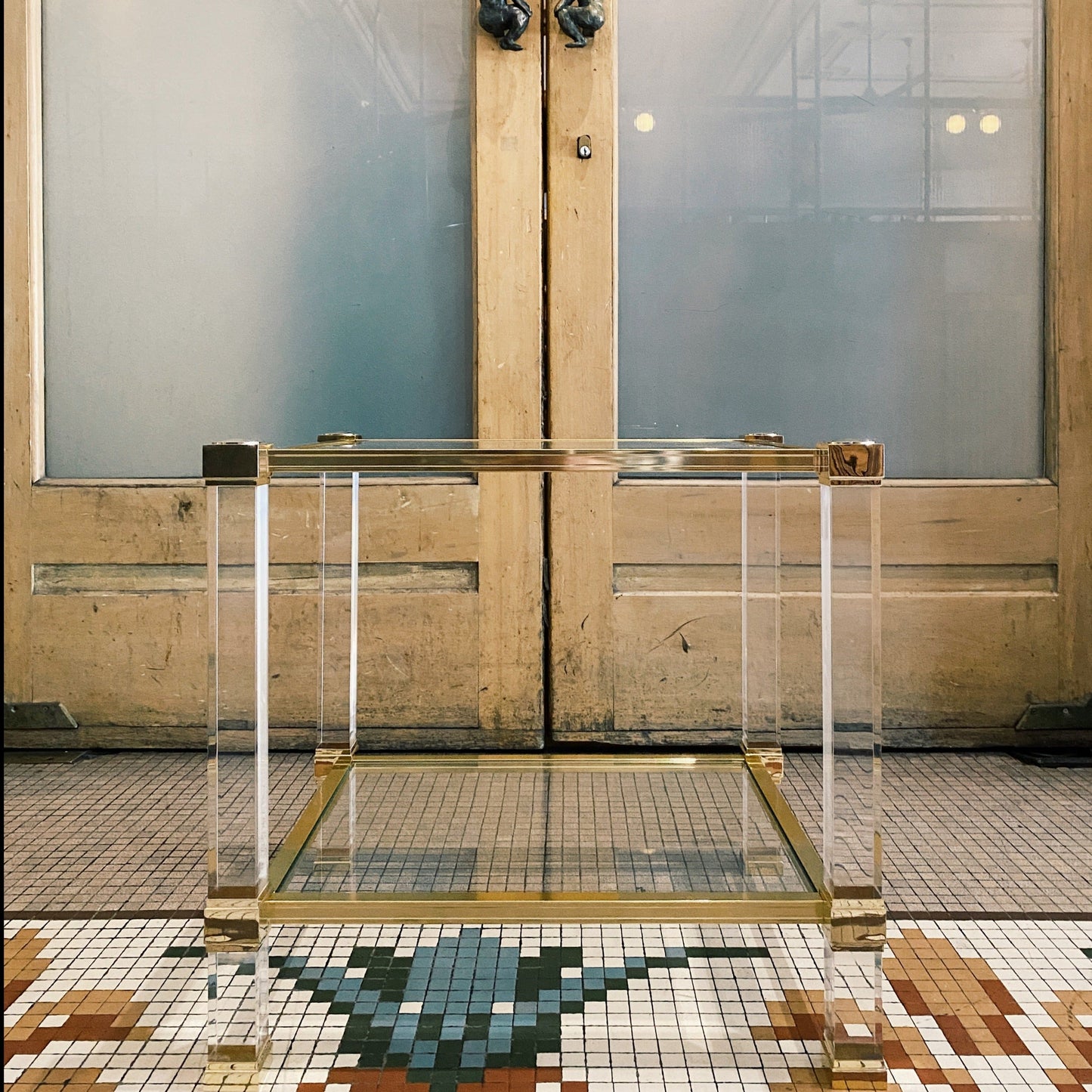 PIERRE VANDEL PARIS / Lucite + Brass Two Tier Side Tables