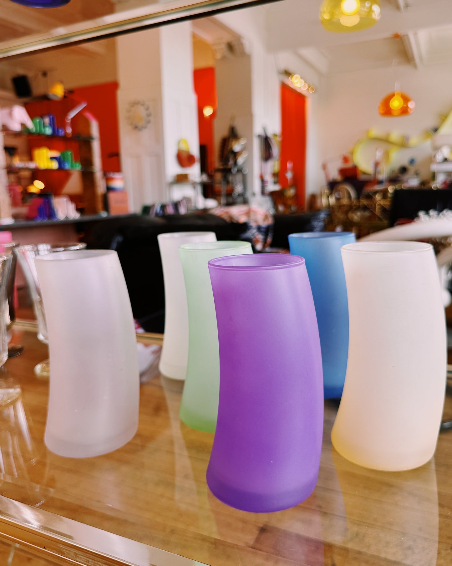 POST MODERN / Set of Multicoloured Vintage Frosted Glass Highball Tumblers