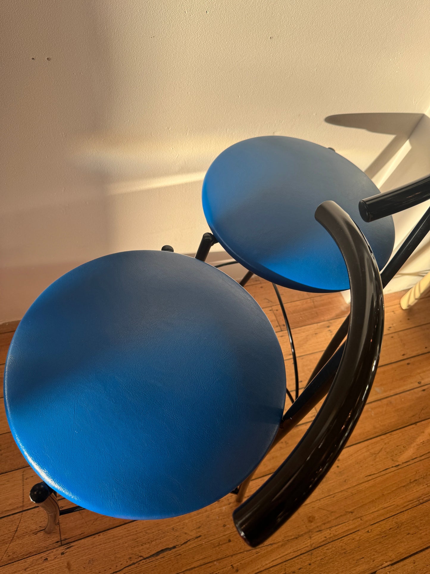 POST MODERN / Pair of Tubular Black Stools with Blue Vinyl Seats