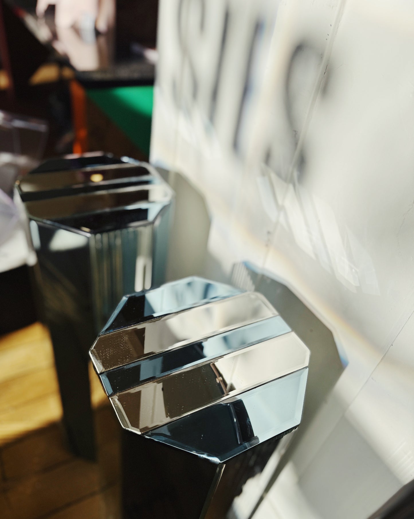 ART DECO / Blue & Chrome Mirrored Plinths