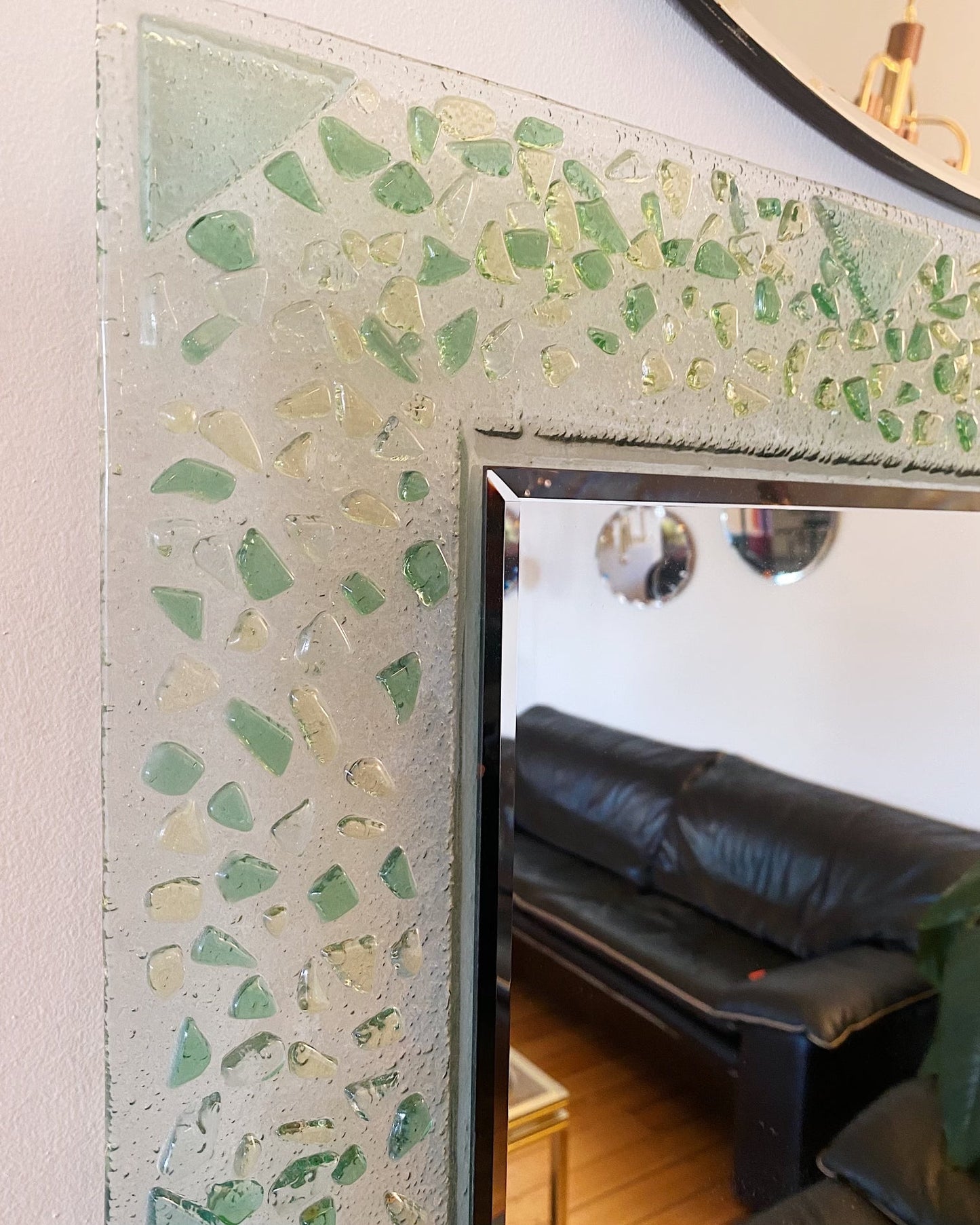 POST MODERN / Memphis Style Green Glass Shapes Mirror