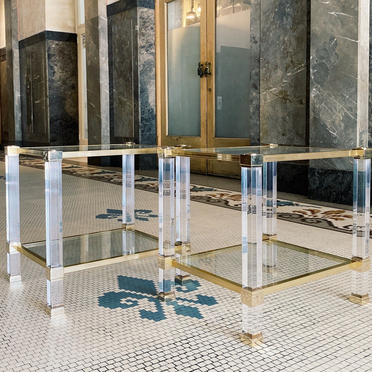 PIERRE VANDEL PARIS / Lucite + Brass Two Tier Side Tables