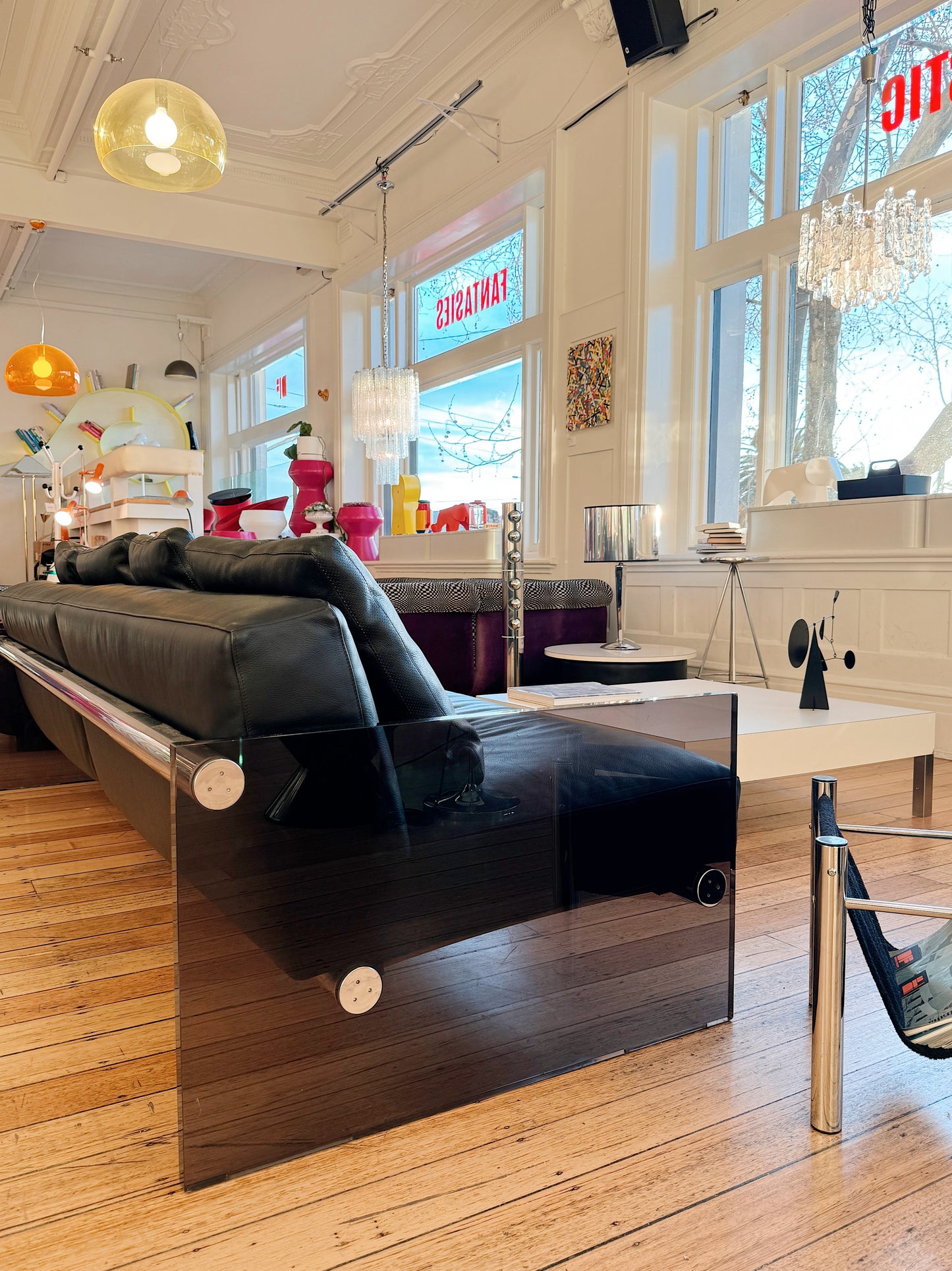 ACERBIS / Gem Leather Sofa w/Acrylic Smoke Sides by Lodovico Acerbis