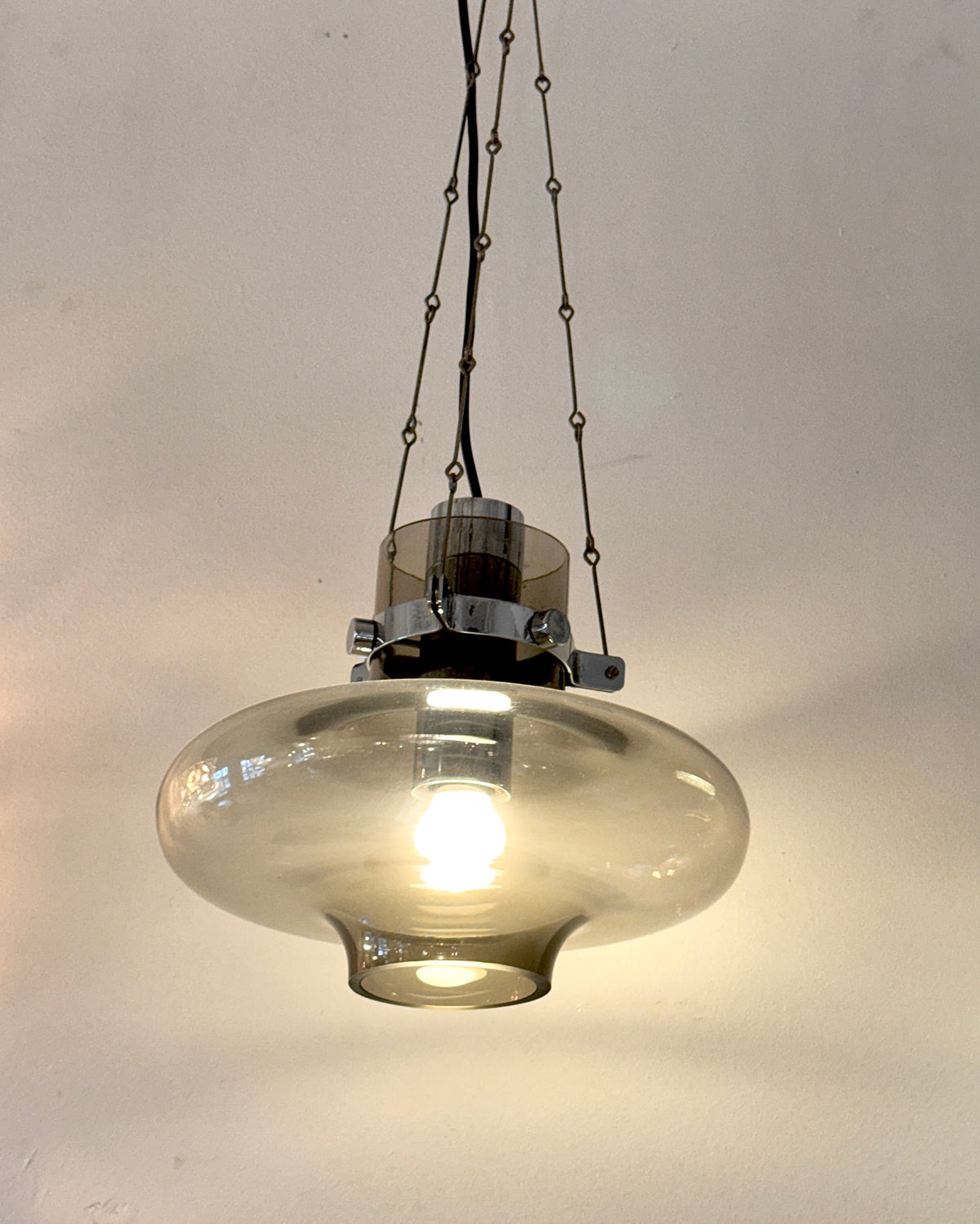 VINTAGE / 1970s Smokey Glass & Chrome Pendant Light