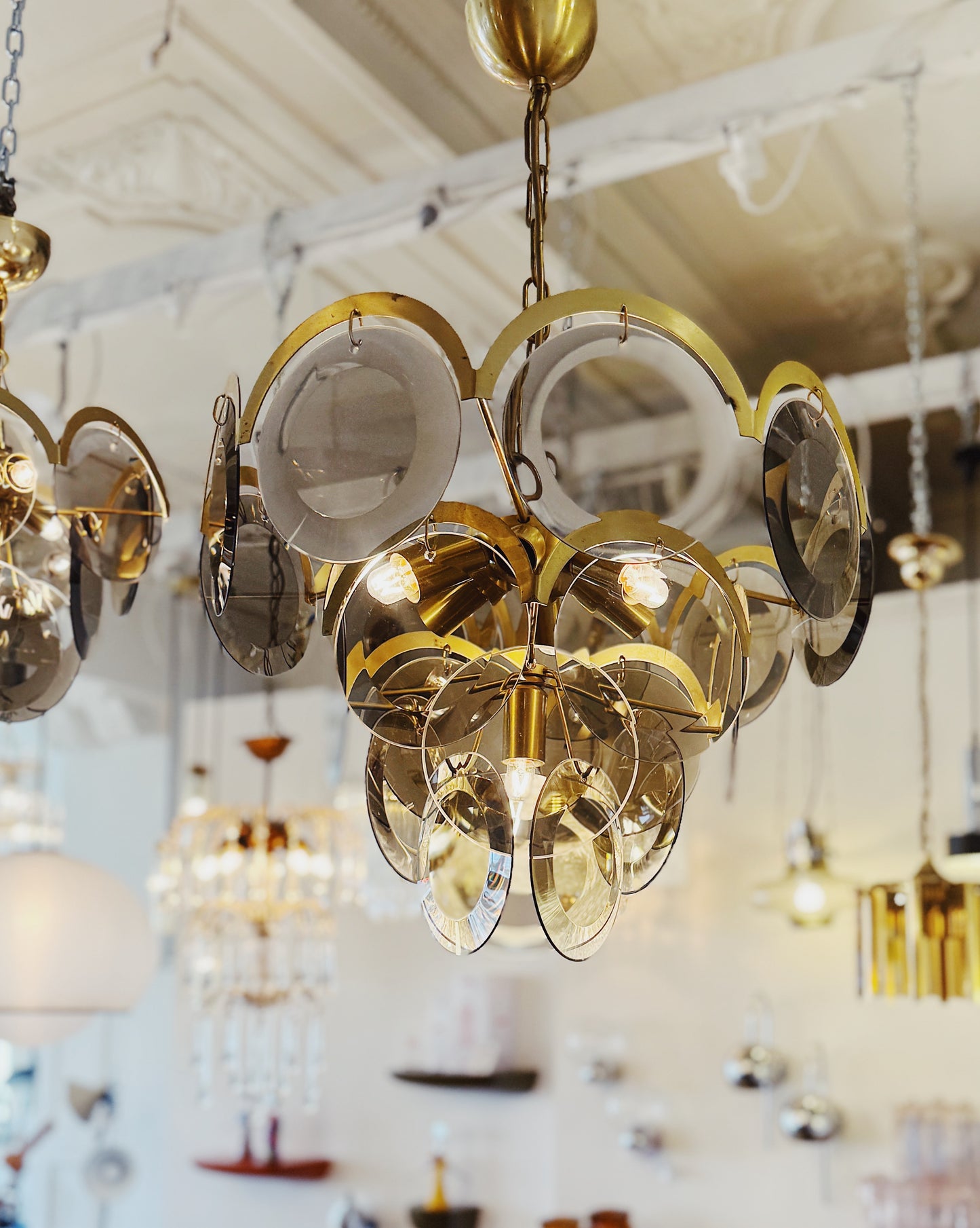 1970s / 4 Tier Smoky Glass Disc & Brass Chandelier