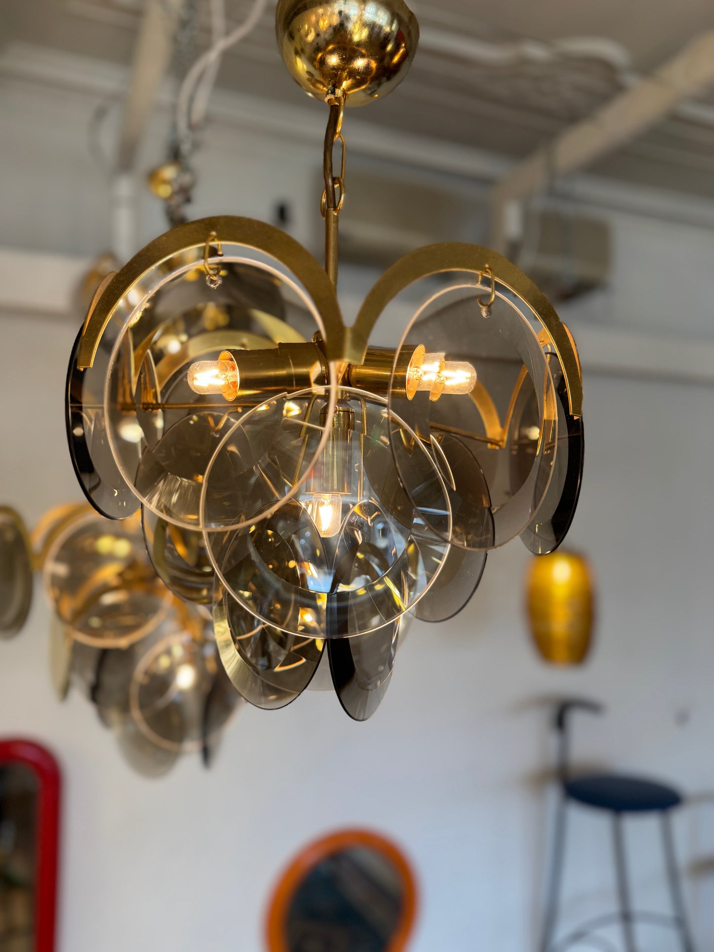 1970s / 3 Tier Smoky Glass Disc & Brass Chandelier