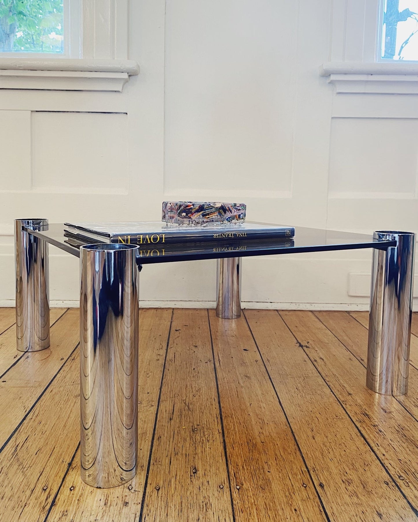 VINTAGE/ Chrome Tubular Coffee Table in the Manner of Mario Bellini