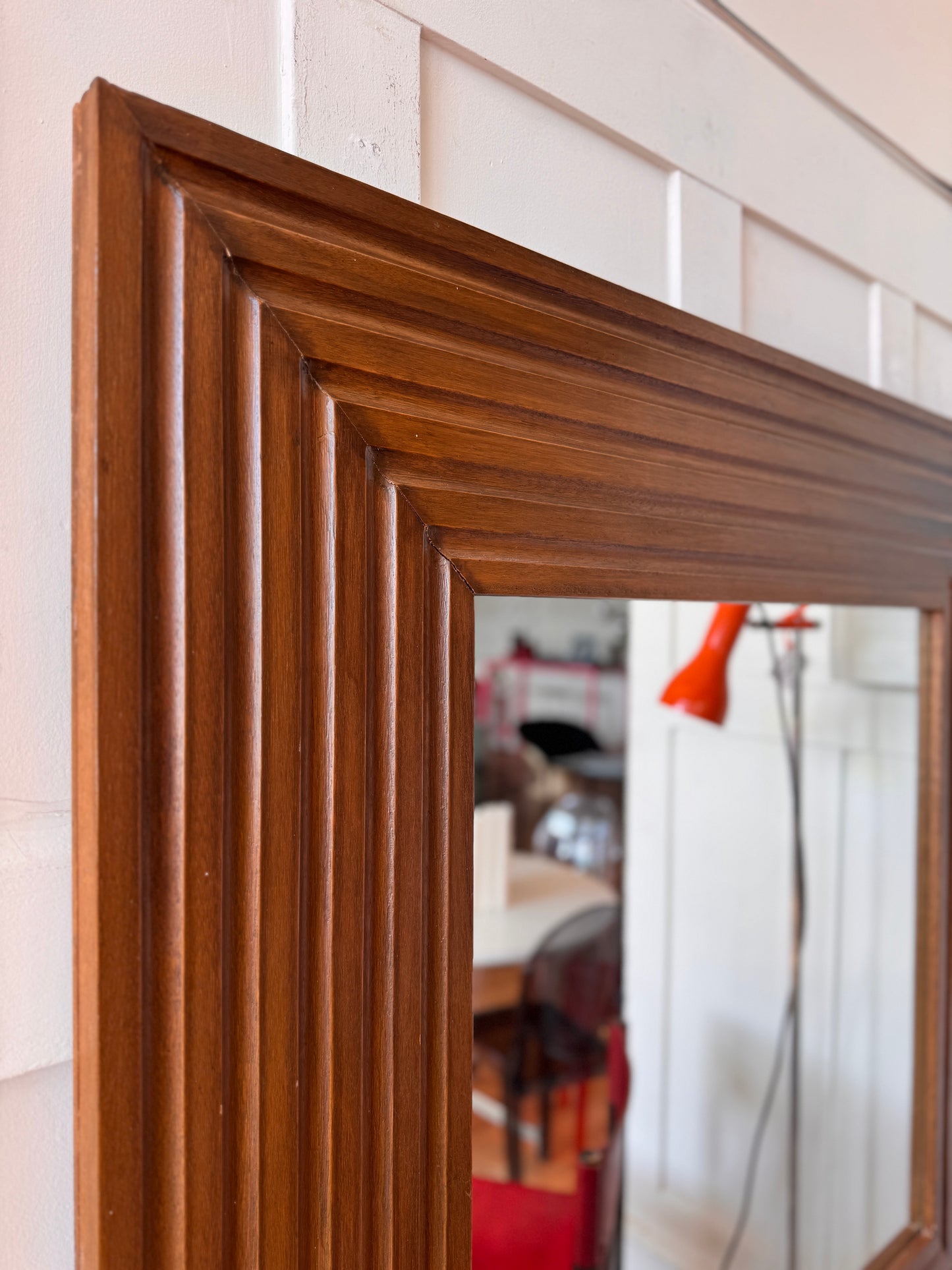 VINTAGE / Mid Century XL Ridged Wood Mirror