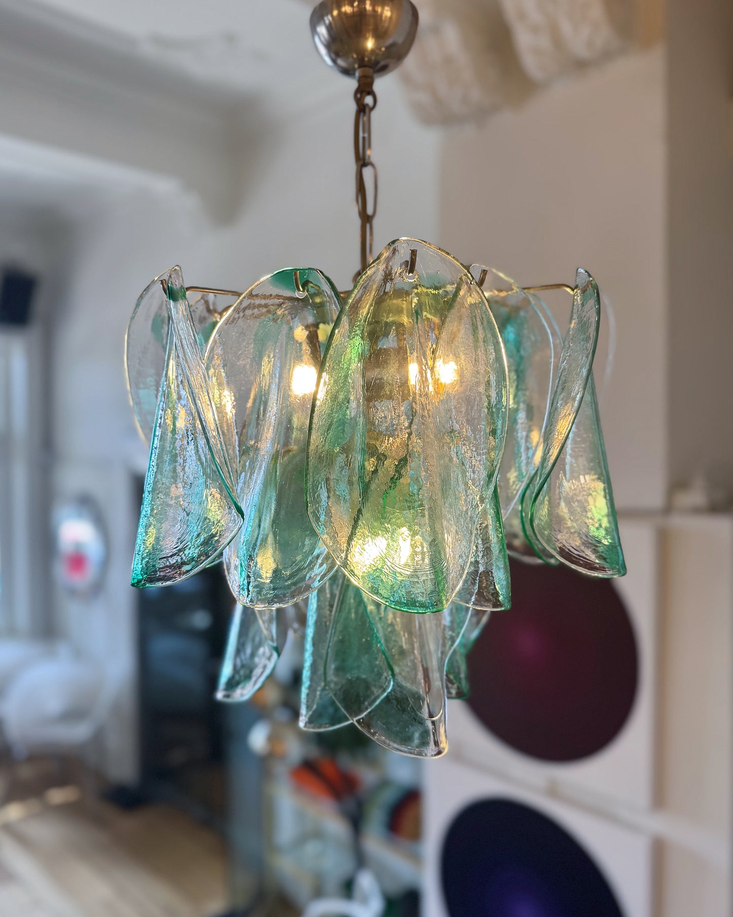 MAZZEGA / Murano Leaf Chandelier w/Clear & Green Prisms