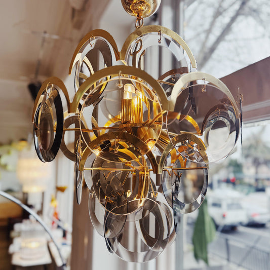 1970s / 5 Tier Smoky Glass Disc & Brass Chandelier