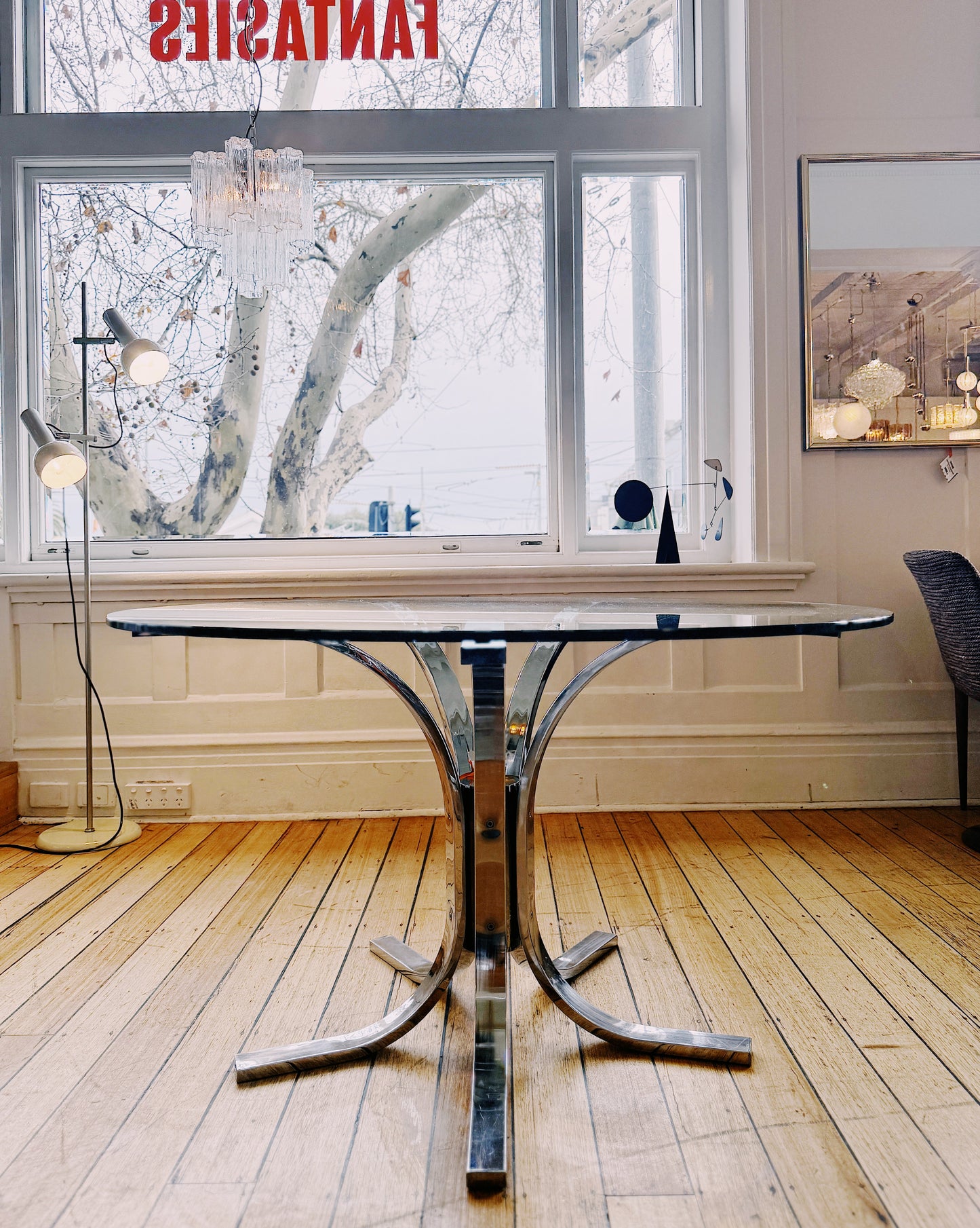 SPACE AGE / Italian Chrome Dining Table w/Glass Top