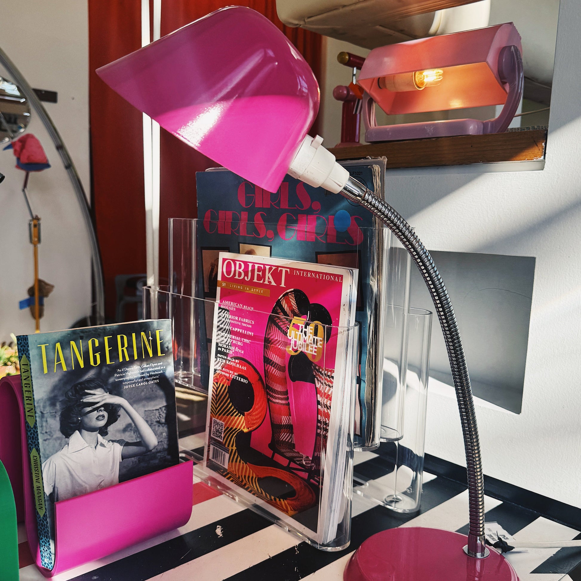 Pink desk lamp with a magazine holder on a table with magazines.