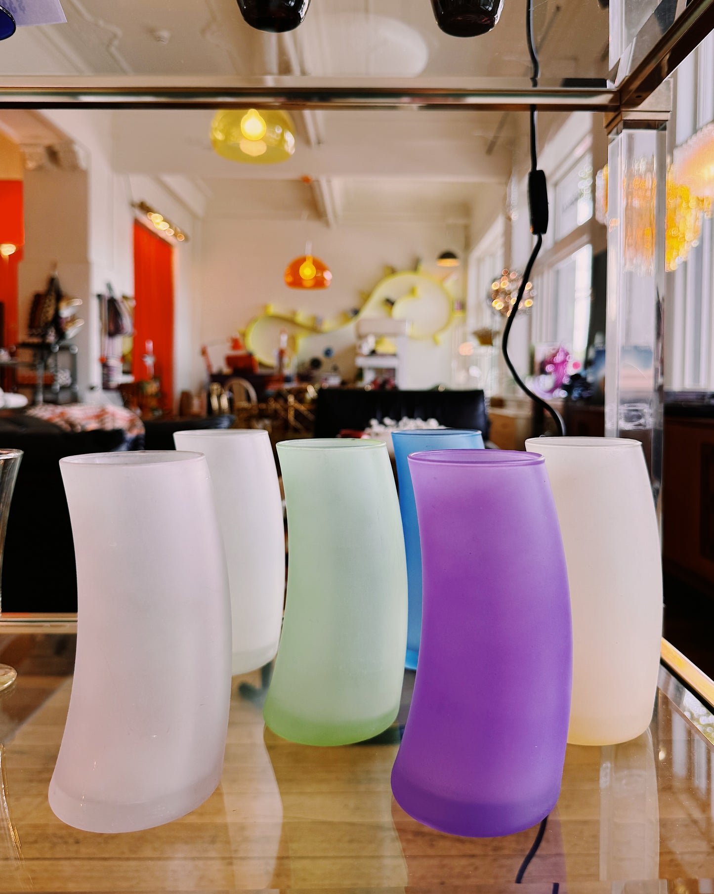 POST MODERN / Set of Multicoloured Vintage Frosted Glass Highball Tumblers
