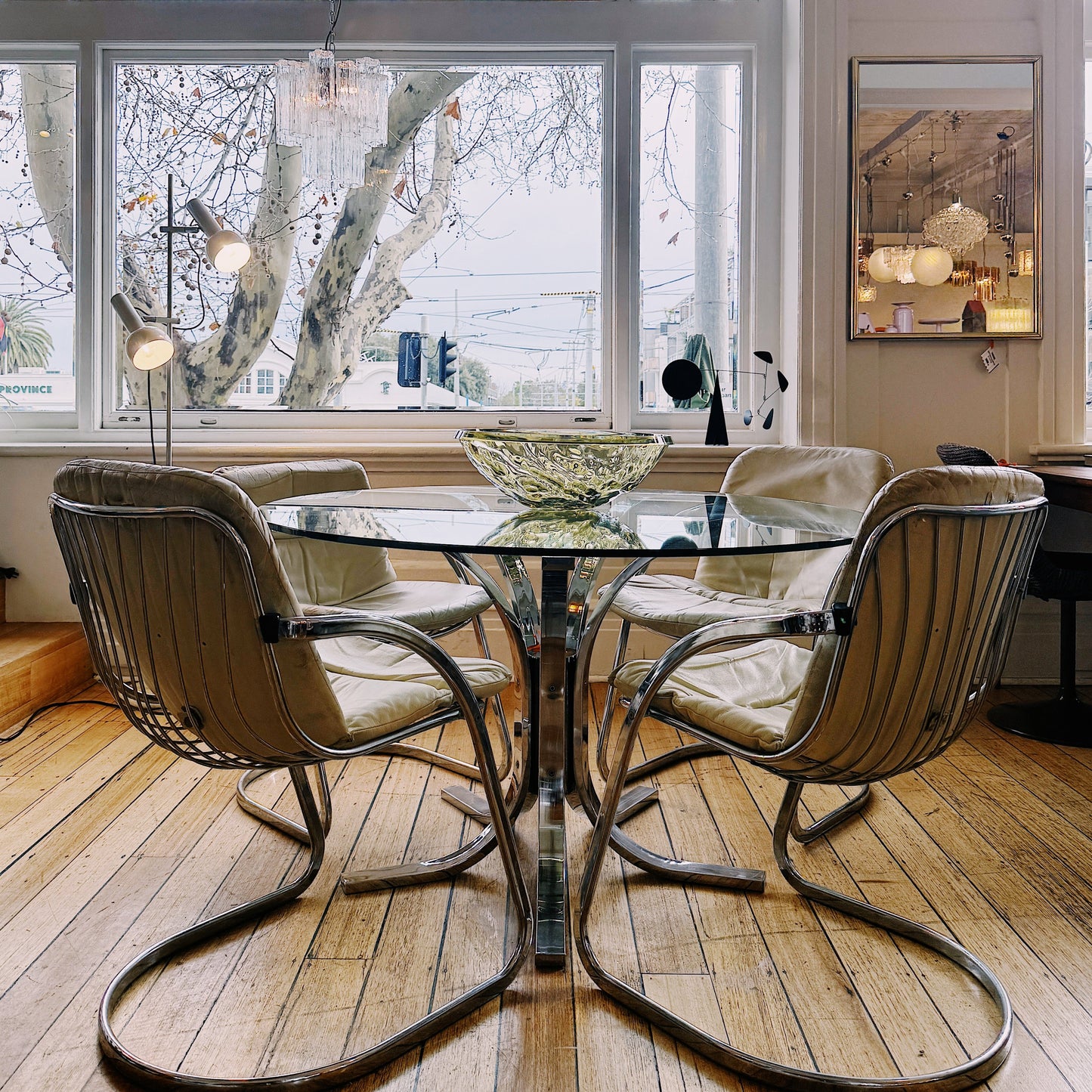 SPACE AGE / Italian Chrome Dining Table w/Glass Top