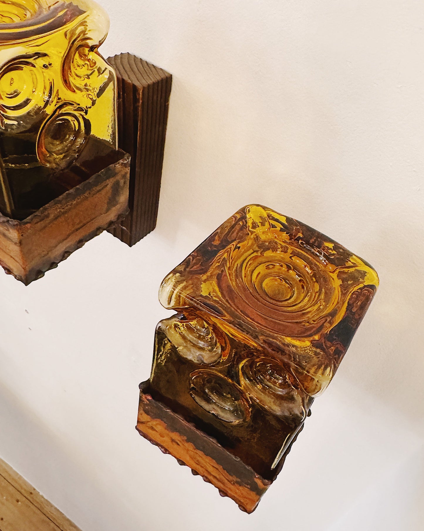 BRUTALIST / Amber Glass with Wood & Metal Base Wall Light