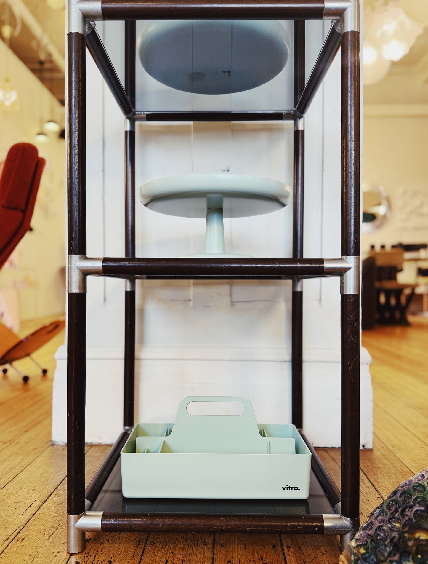 CARAVELLE / Cubed Shelving Wood w/Silver Corners + Smoky Grey Glass