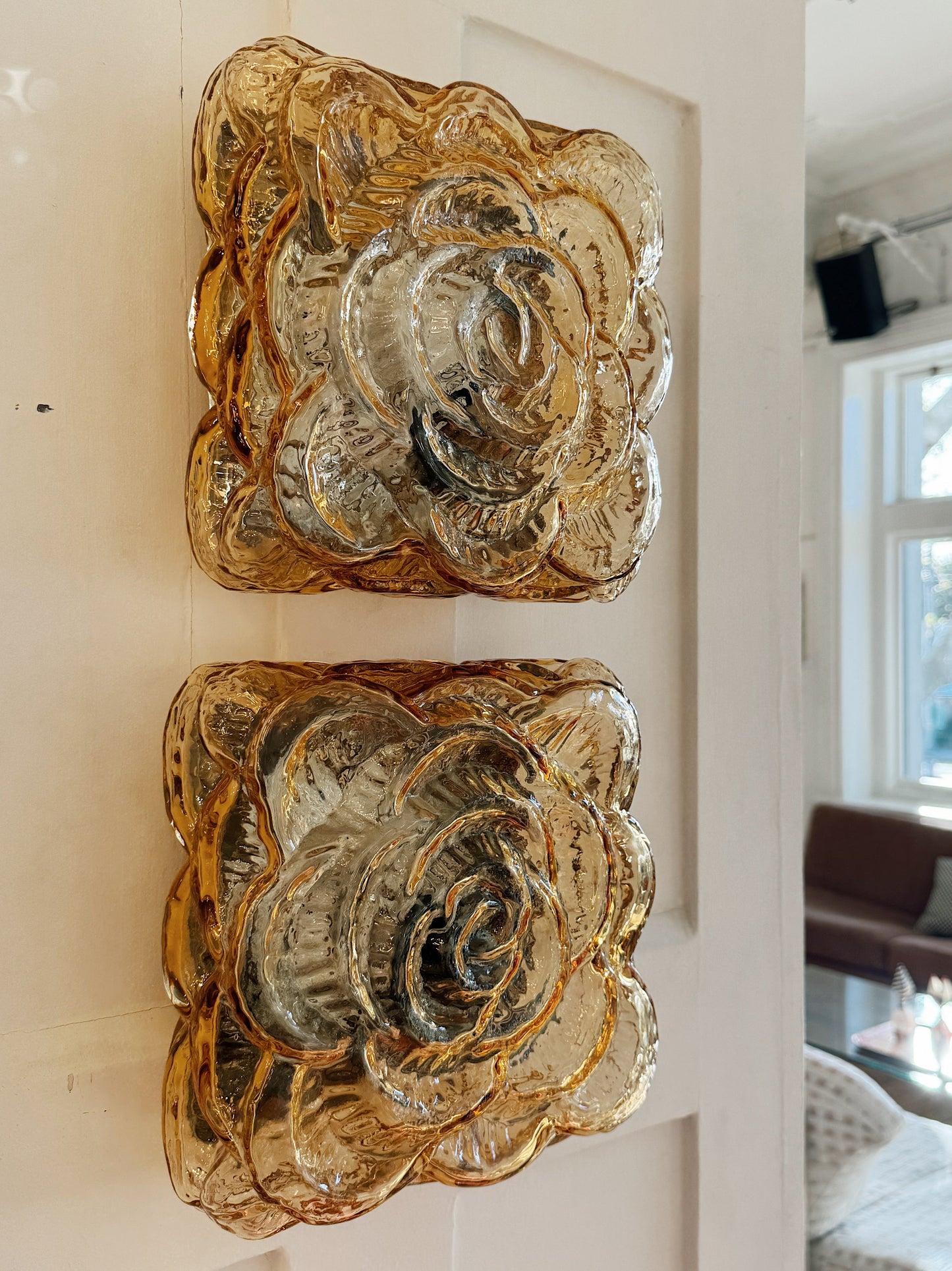 ERCO / Vintage Floral Flush/Wall Mount Lights - Amber Glass