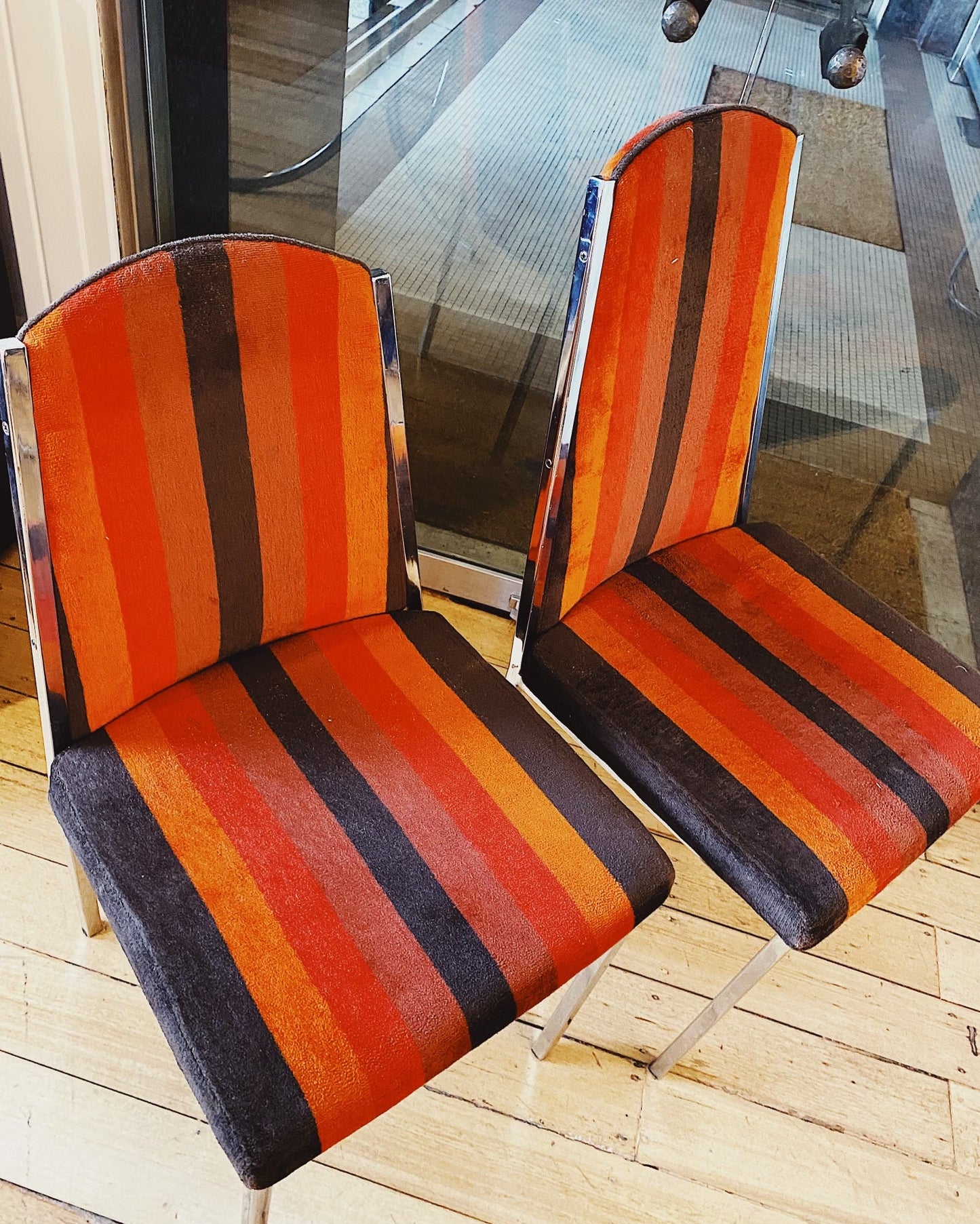 RICHMAN / 1970s Chrome Cherry + Burnt Orange Striped Dining Chairs