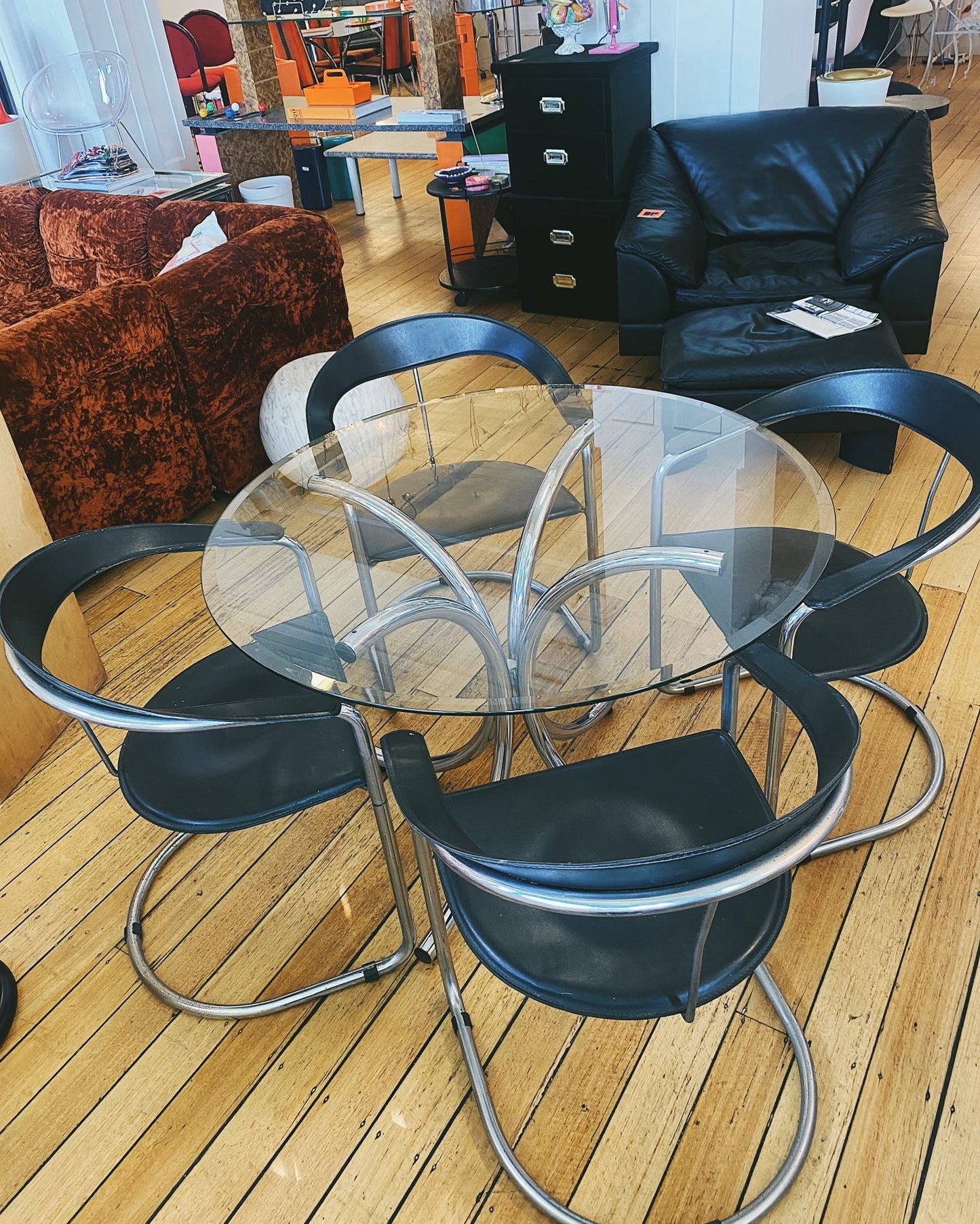 POST MODERN / 1980s Italian Canasta Chrome + Leather Chairs