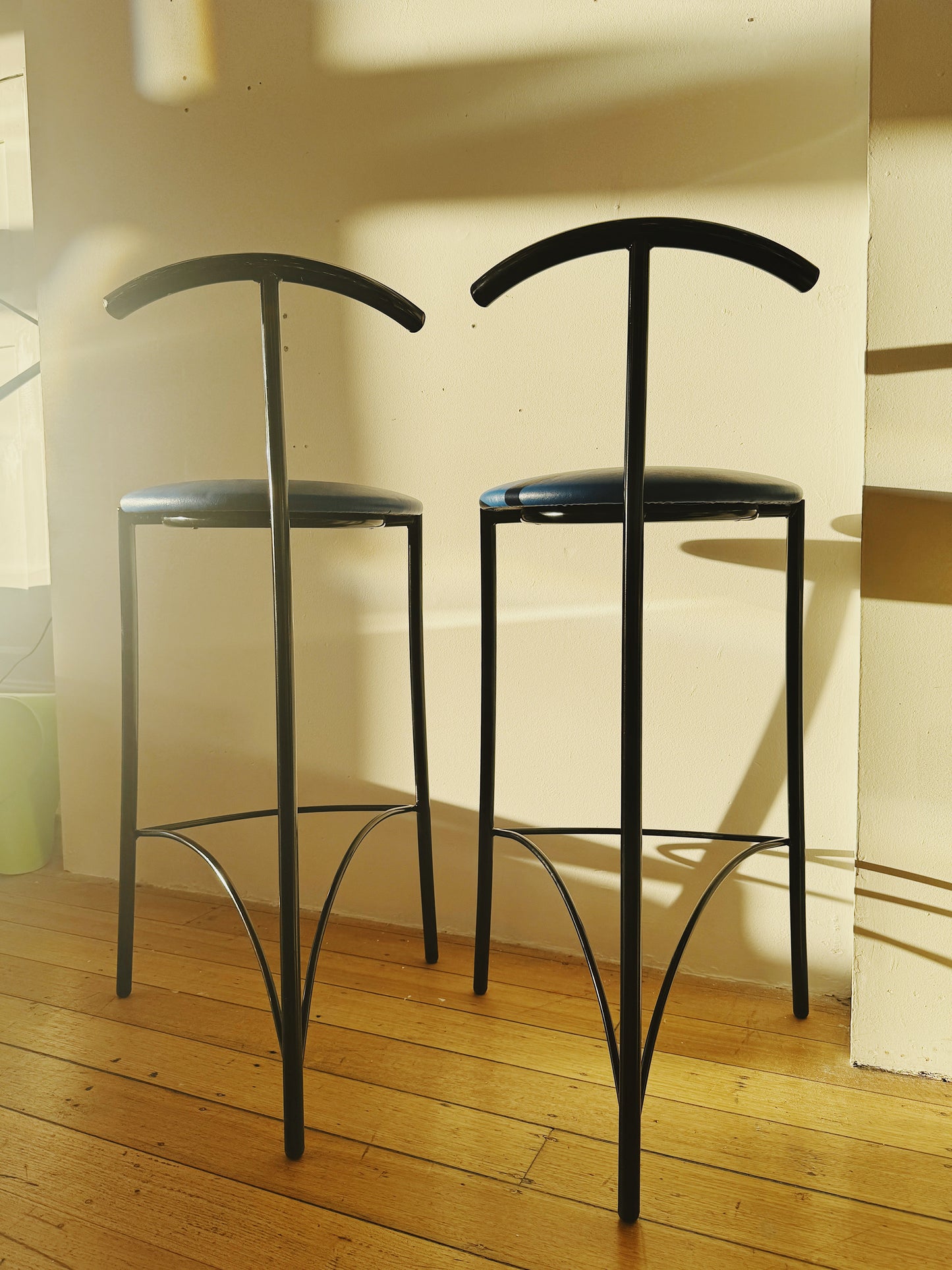 POST MODERN / Pair of Tubular Black Stools with Blue Vinyl Seats