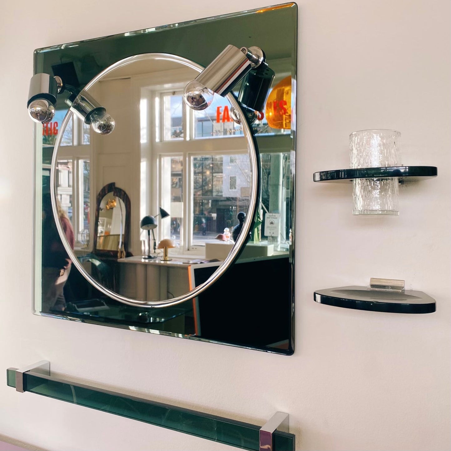 FONTANA ARTE / Gun Metal Bathroom Mirror Set + Lights