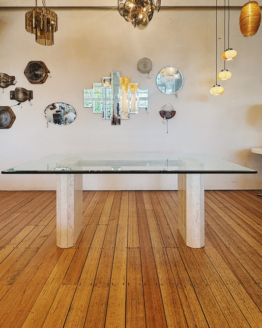 ARTEDI / Vintage 1980s Italian Travertine & Glass Dining Table