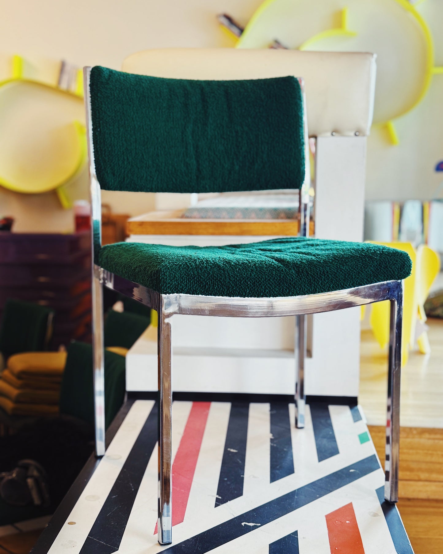 VINTAGE / BOUCLÉ + CHROME DINING CHAIRS - Set of 4