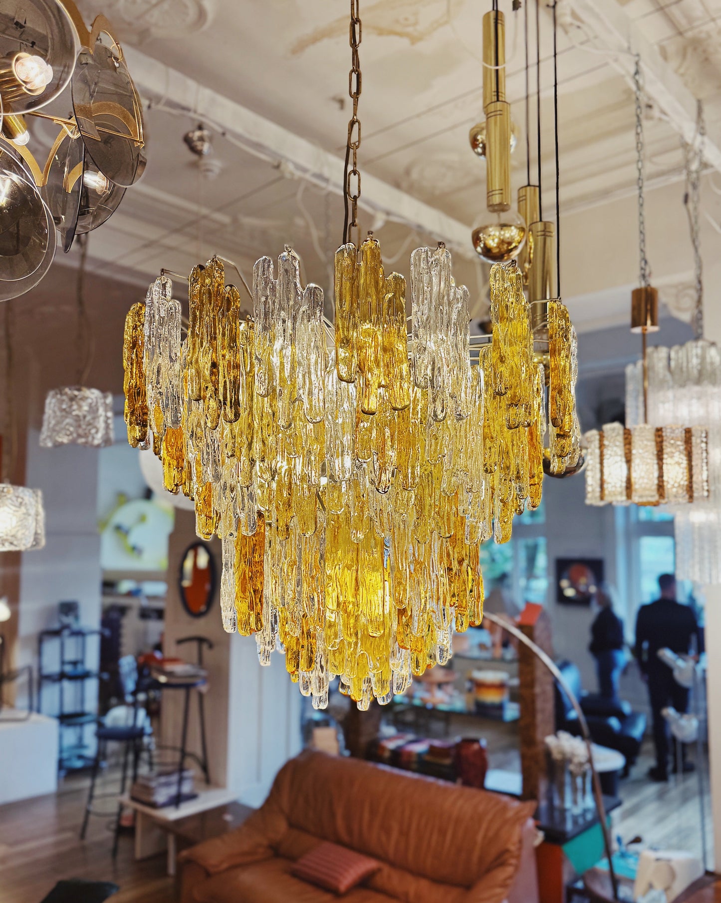 JT KALMAR / 1960s XL Amber & Clear Icicle Prism Chandelier